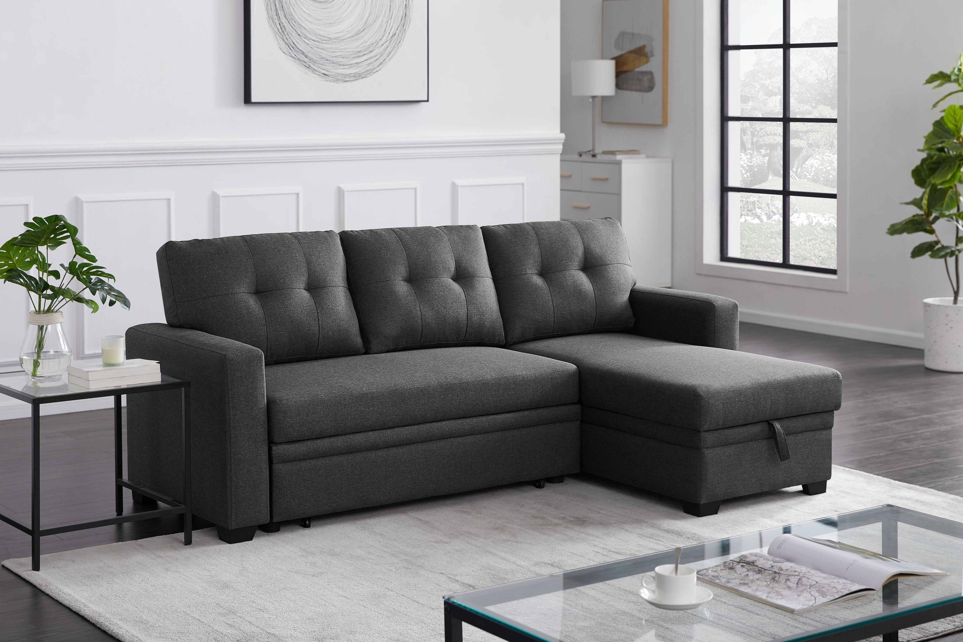 Upholstered Pull Out Sectional Sofa With Chaise