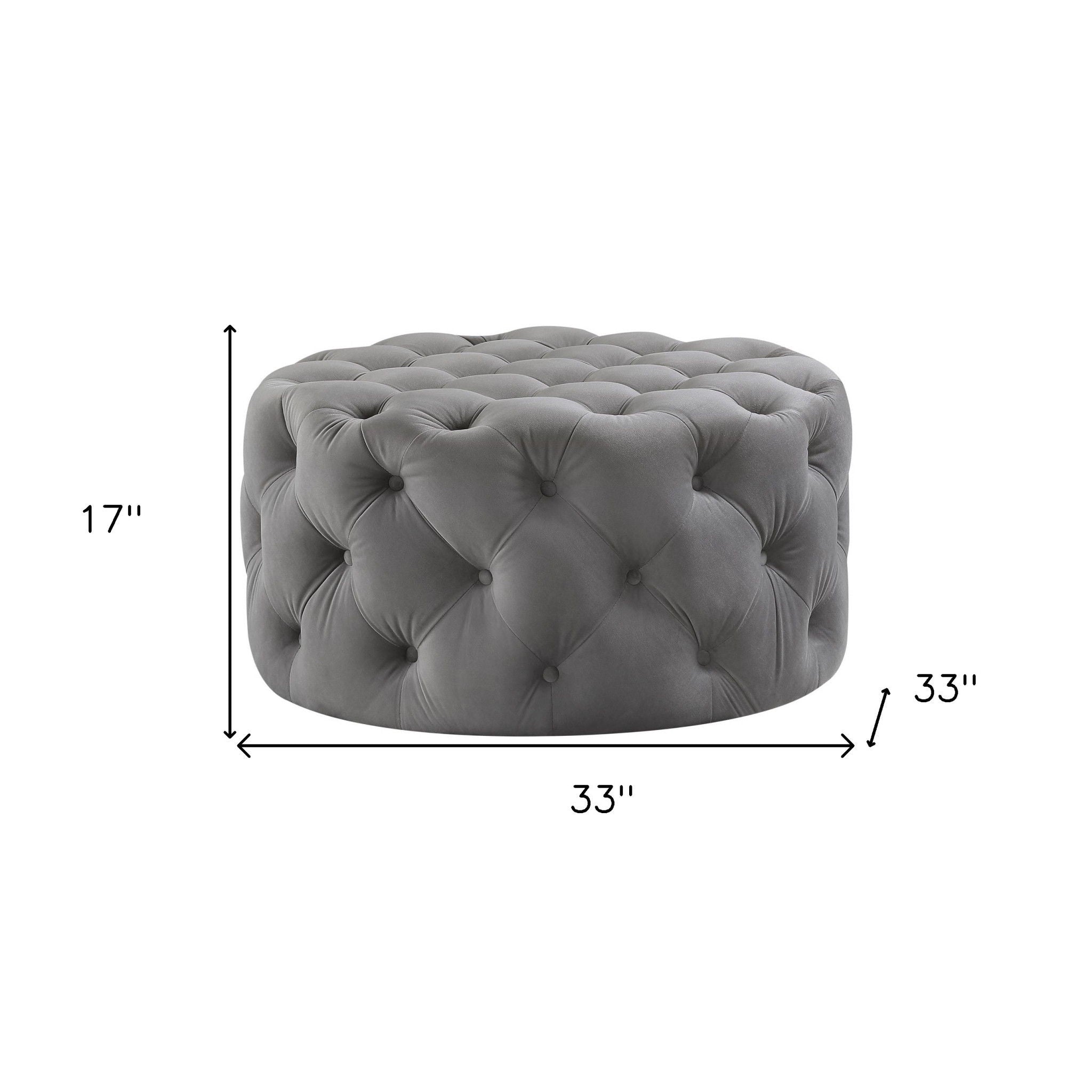 Velvet Rolling Tufted Round Cocktail Ottoman - Gray