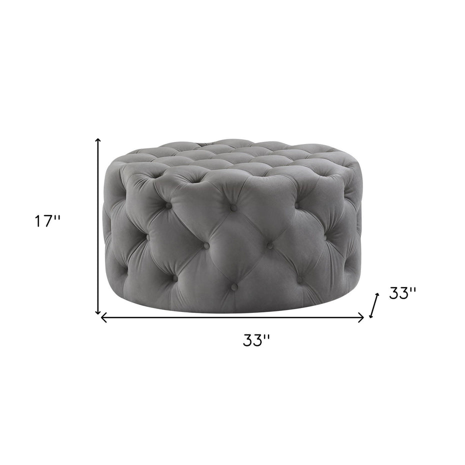 Velvet Rolling Tufted Round Cocktail Ottoman - Gray