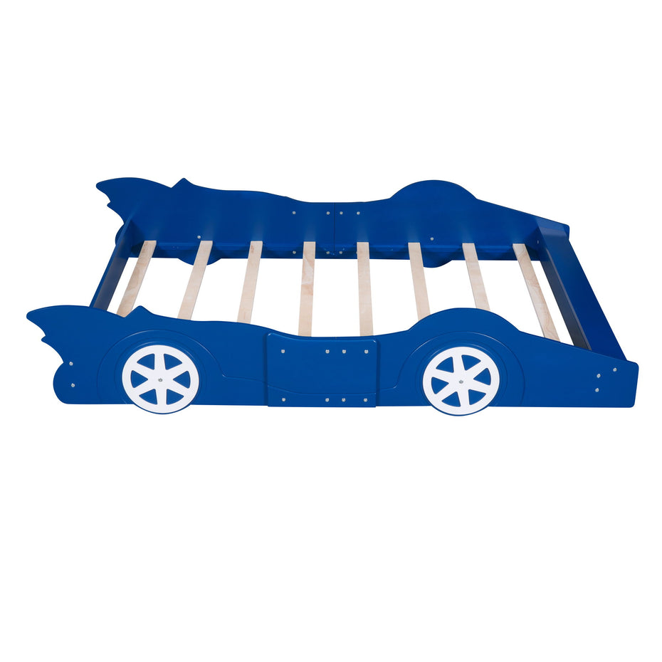 Full Size Race Car-Shaped Platform Bed With Wheels - Blue