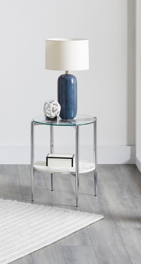 Cadee - Round Glass Top End Table - White And Chrome