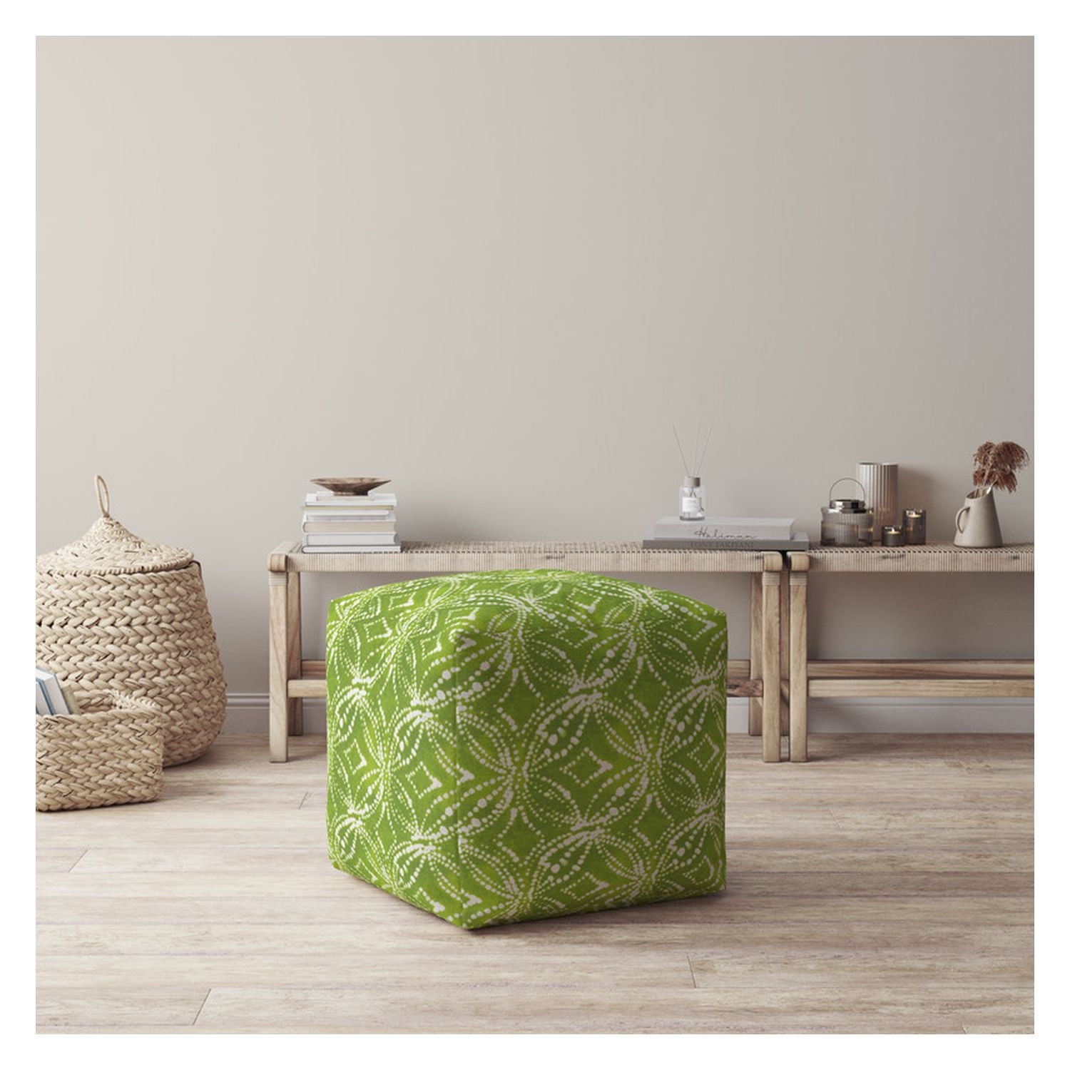 Cotton Damask Pouf Cover - Green / White