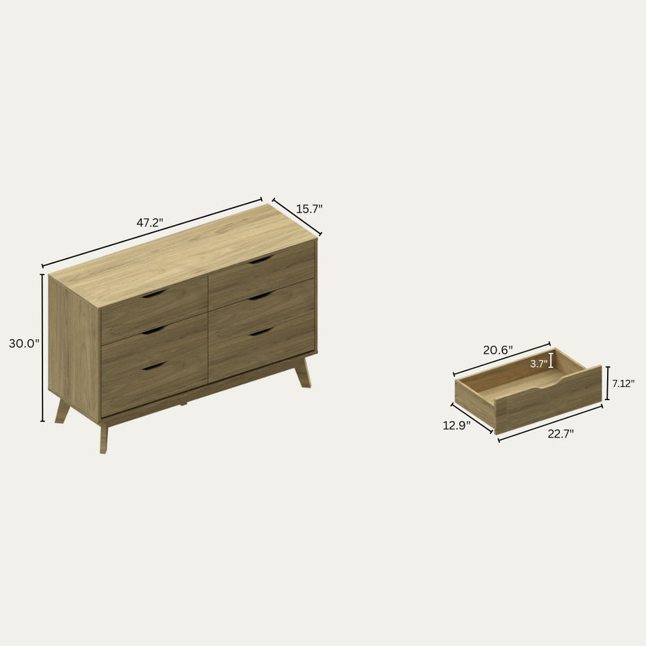 Nordica - 6 Drawer Master Dresser With Interlock Drawer Feature Drawer Slide And Interlock Pre-Assembly, Wide Dressers For Bedroom 6 Deep Drawers For Closet Organizer - Natural Oak