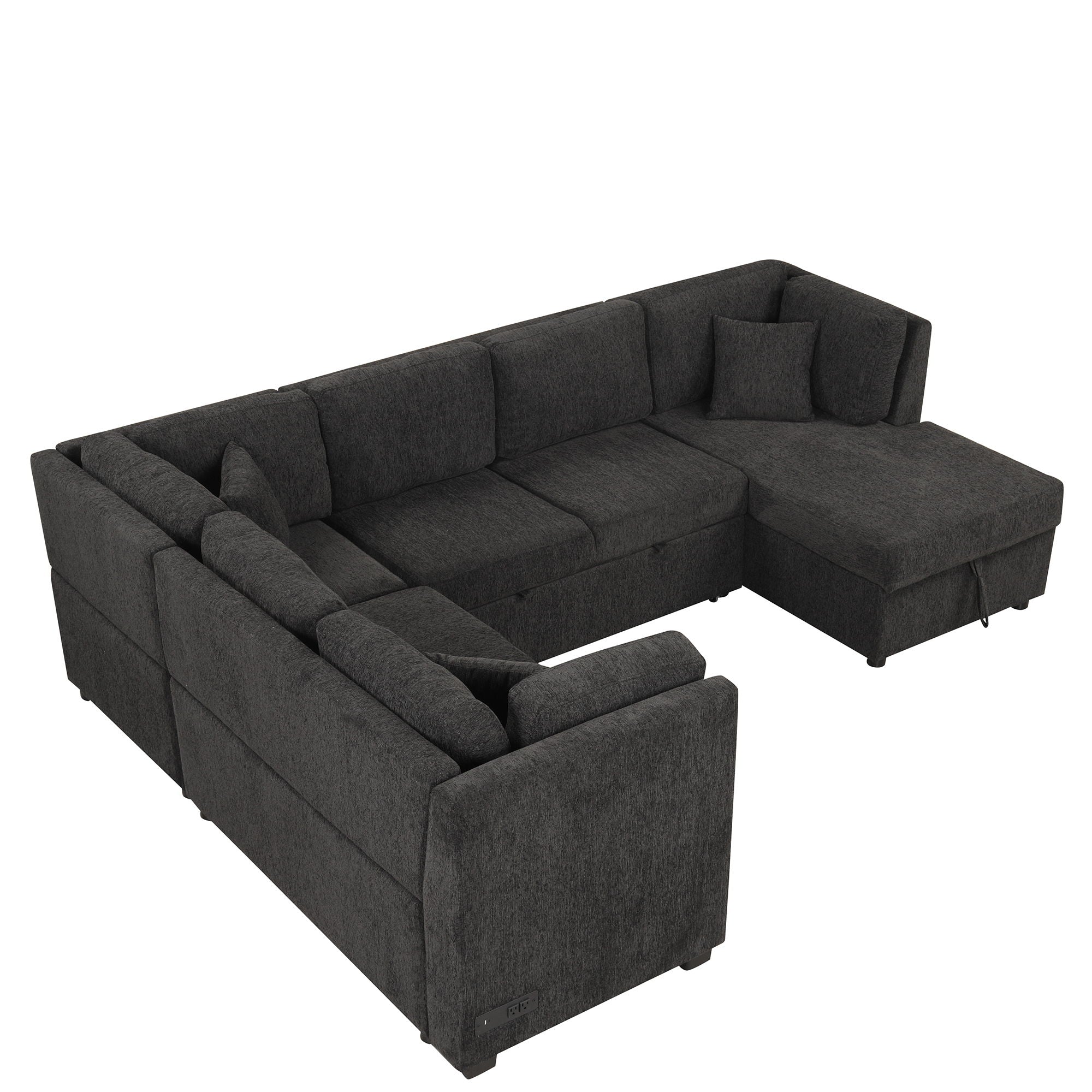 U-Shaped Sectional Sofa Pull Out Sofa Bed With Two USB Ports, Two Power Sockets, Three Back Pillows And A Storage Chaise For Living Room