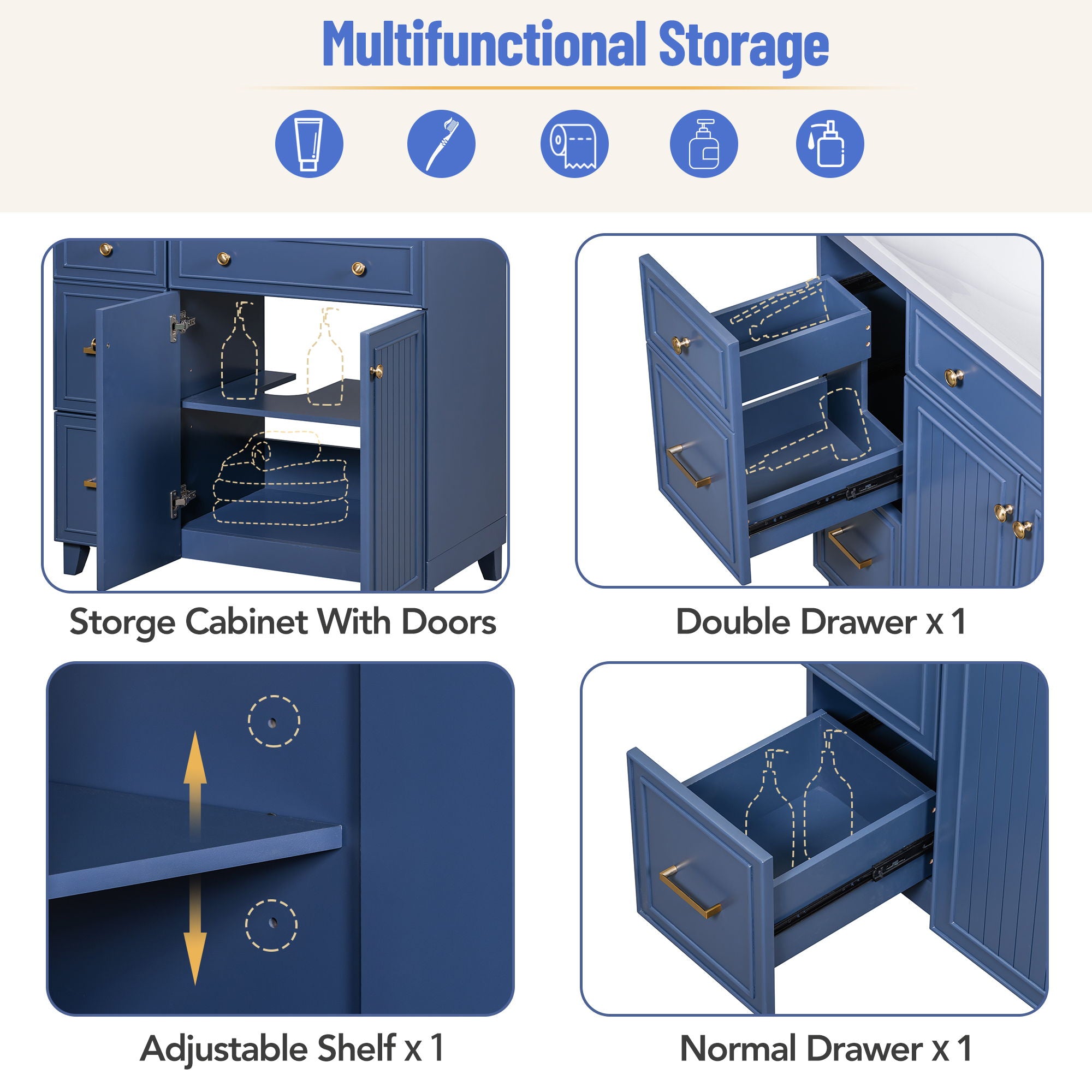 Bathroom Vanity, Transitional Style Bathroom Cabinet With Resin Sink, Single Bathroom Cabinet, With 2 Drawers And 1 Adjustable Storage Shelf, 2 Soft-Close Doors