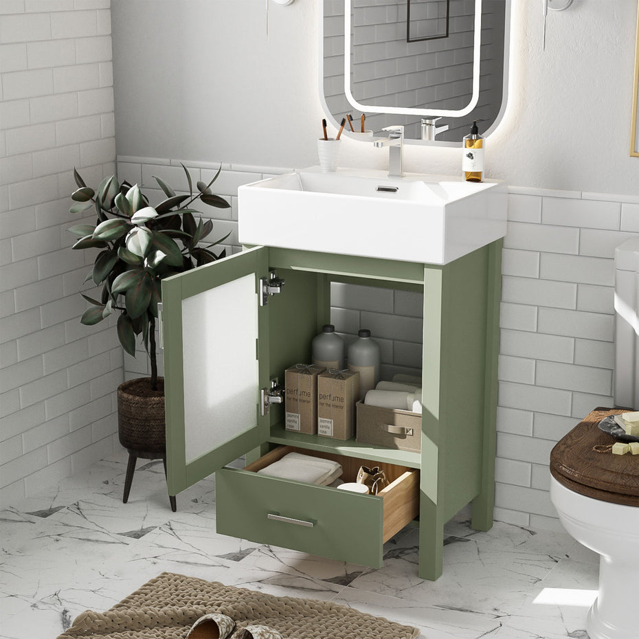 Bathroom Vanity With Ceramic Sink And Ample Storage, Ideal For Small Bathrooms