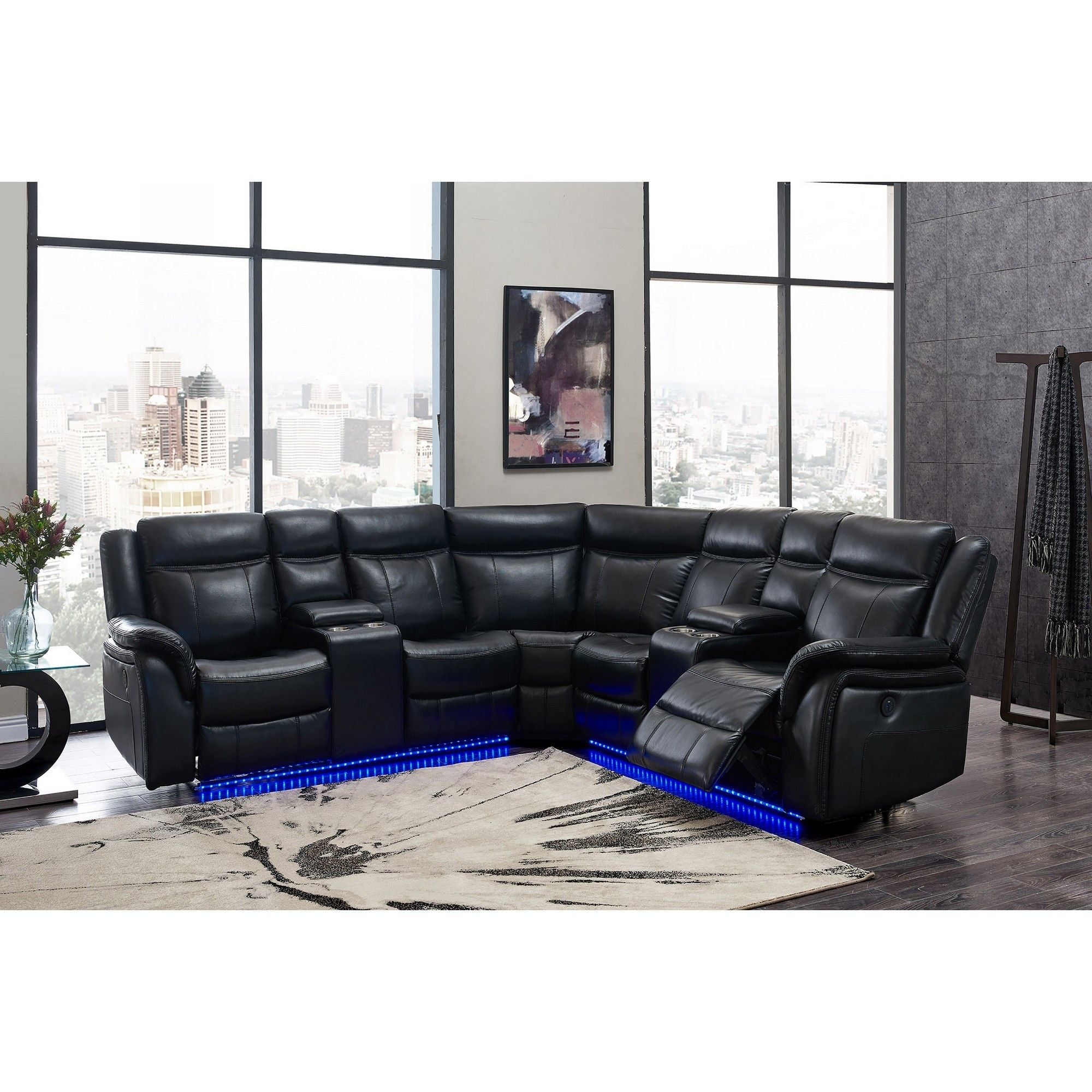 Polyester Blend Power Reclining L Shaped Three Piece Corner Sectional With Console - Black