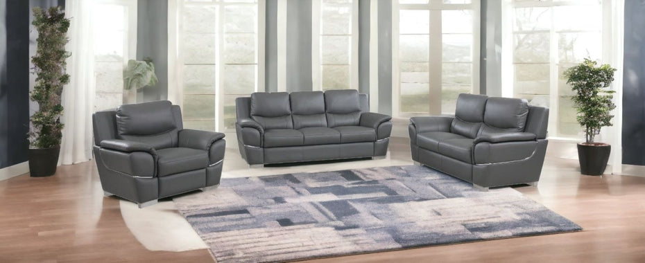 Three Piece Indoor Genuine Leather Six Person Seating Set - Gray