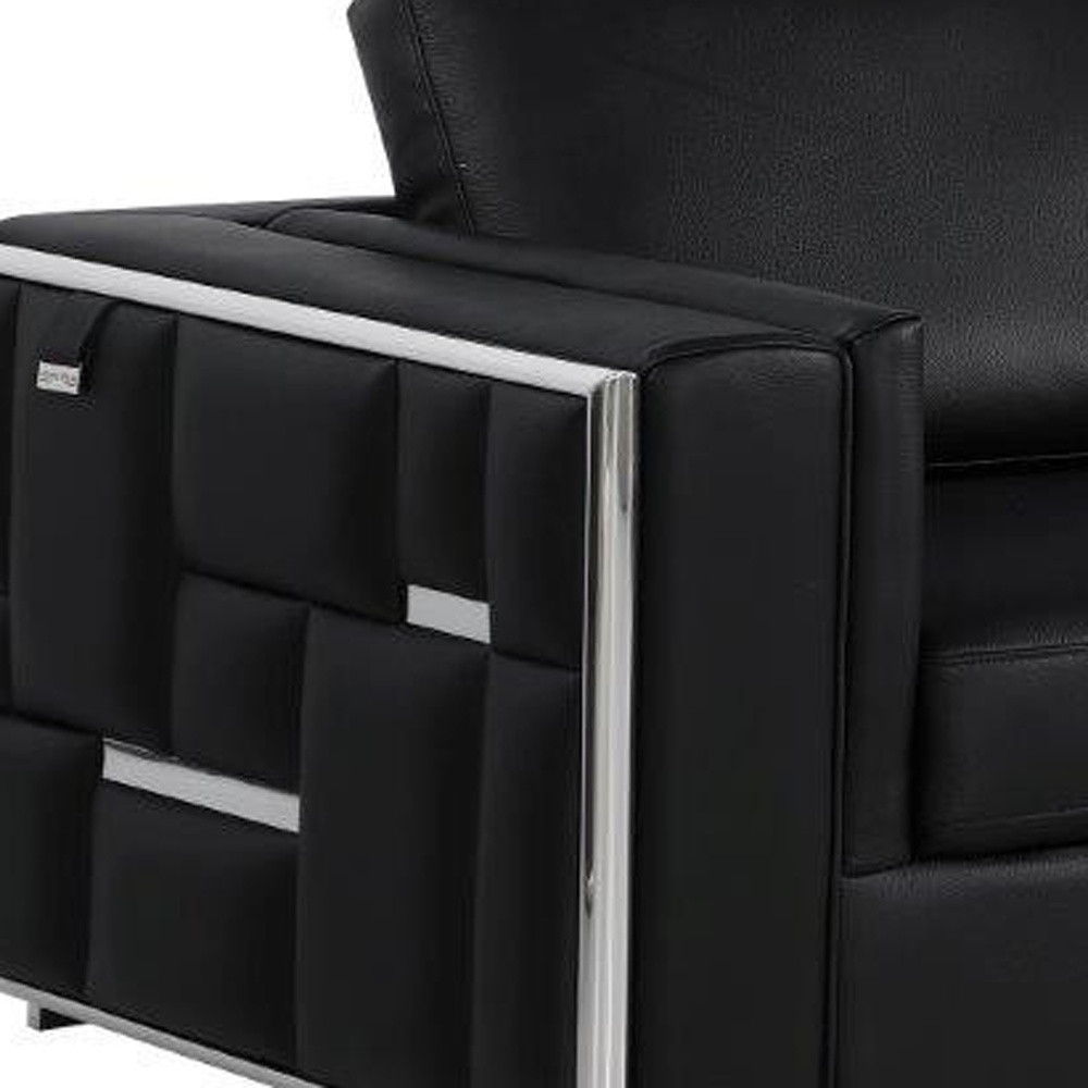 Italian Leather Sofa With Silver Legs - Black