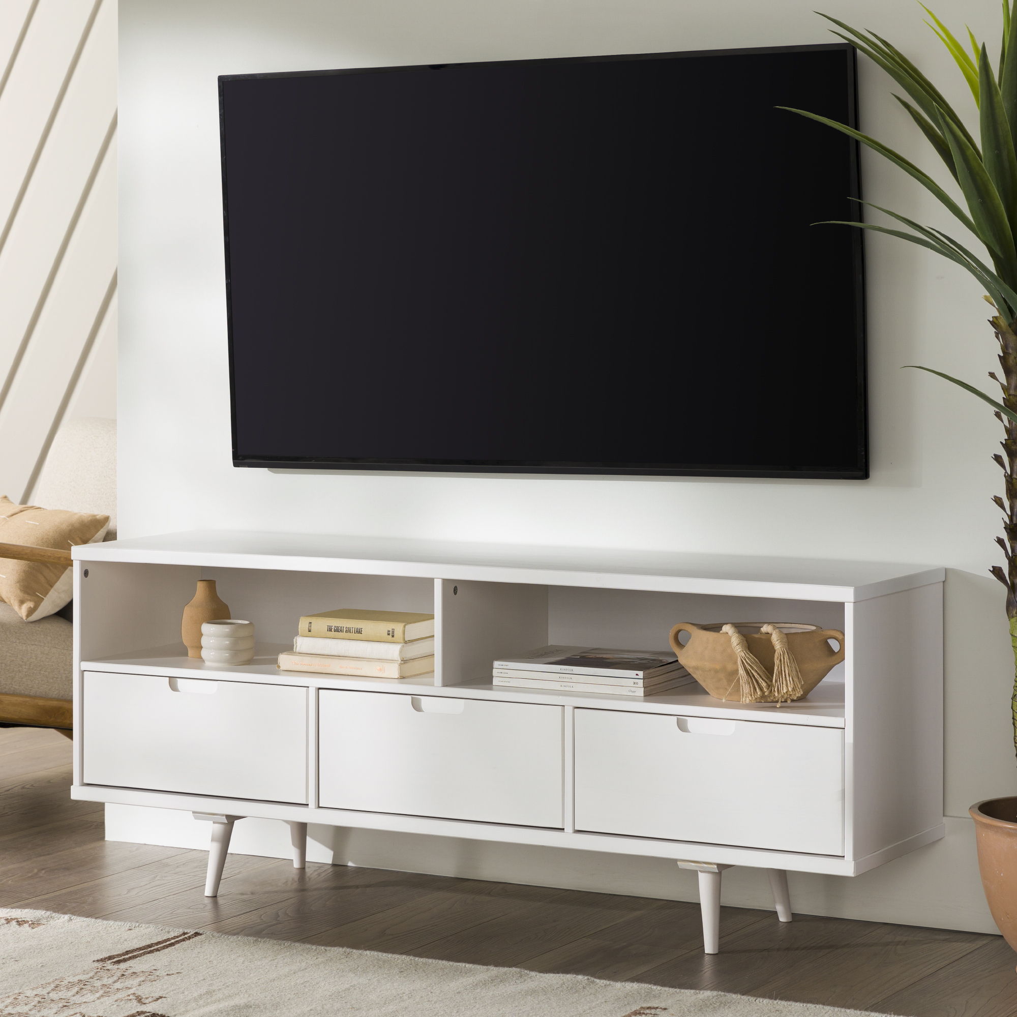 Mid-Century Modern 3 Drawer Solid Wood TV Stand For TVs Up To 65" - White