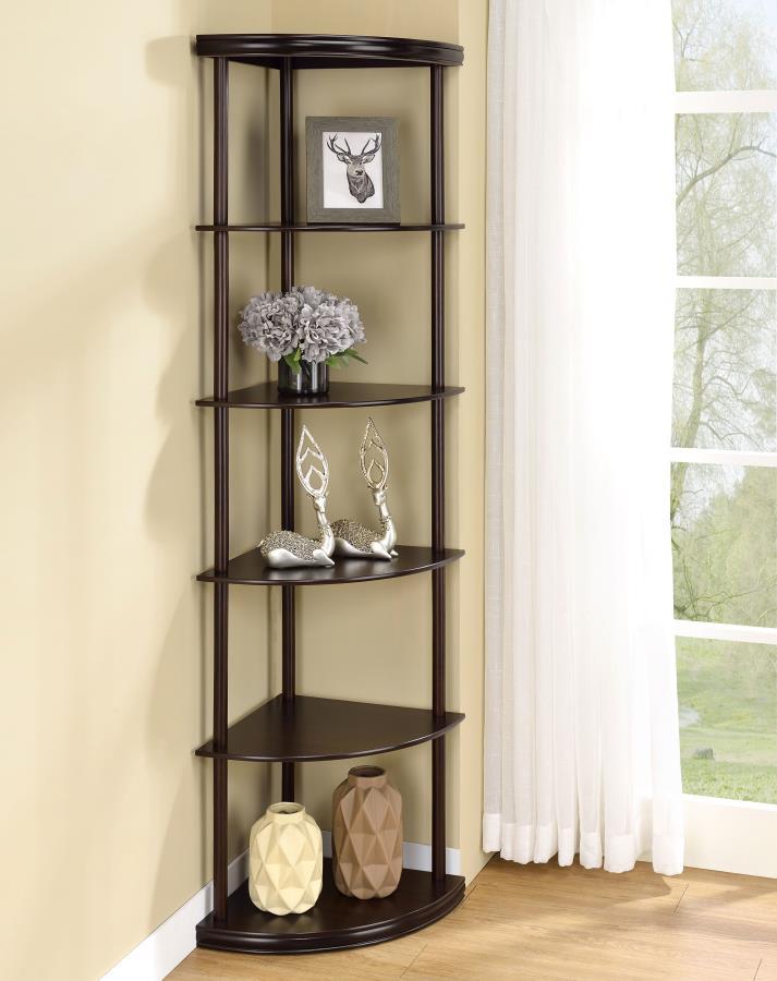 Bonwick - 5-Shelf Corner Bookshelf - Cappuccino by CoasterEveryday | Bel Furniture