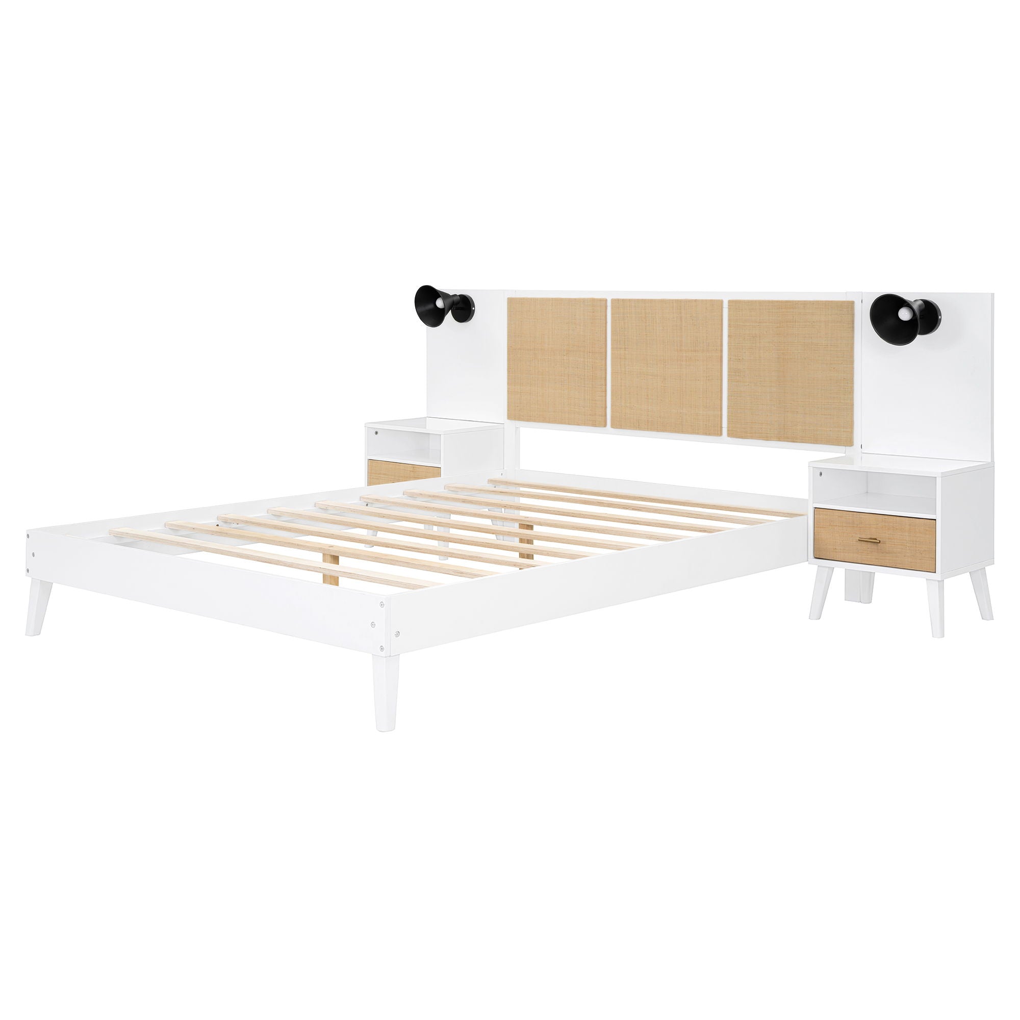 Solid Wood Bed Frame With 2 Nightstands, Elegant Design With Lamps, Rattan And Wood Combination