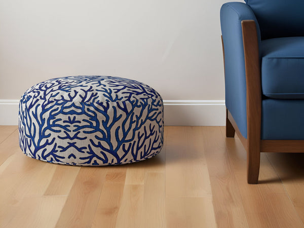 Canvas Round Abstract Pouf Ottoman - Blue