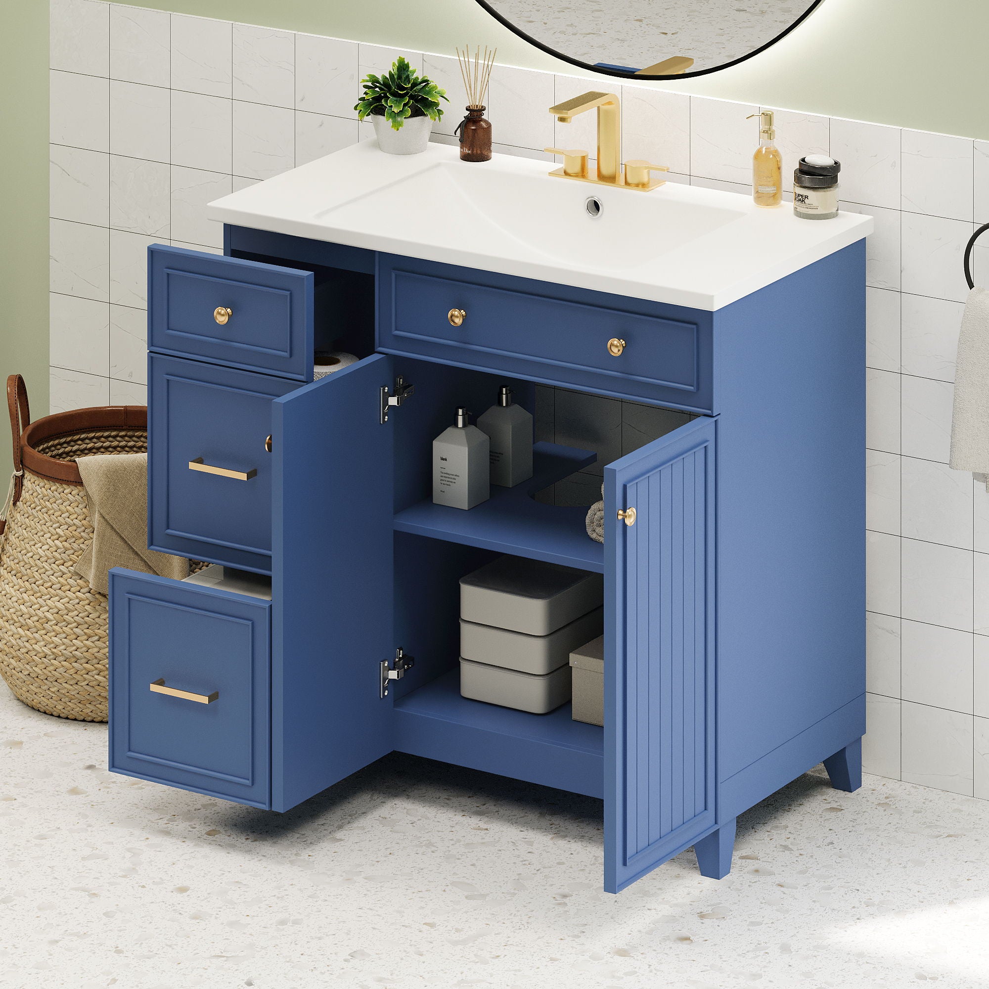 Bathroom Vanity, Transitional Style Bathroom Cabinet With Resin Sink, Single Bathroom Cabinet, With 2 Drawers And 1 Adjustable Storage Shelf, 2 Soft-Close Doors