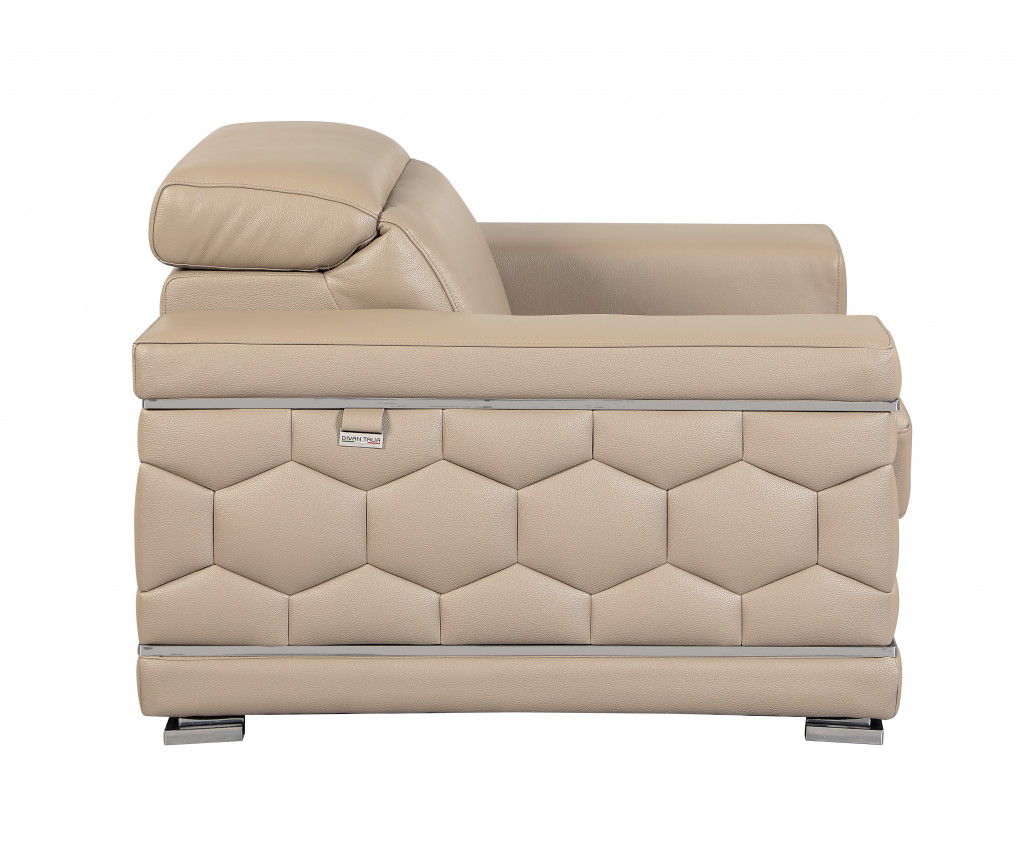 Genuine Leather Love Seat - Beige / Silver