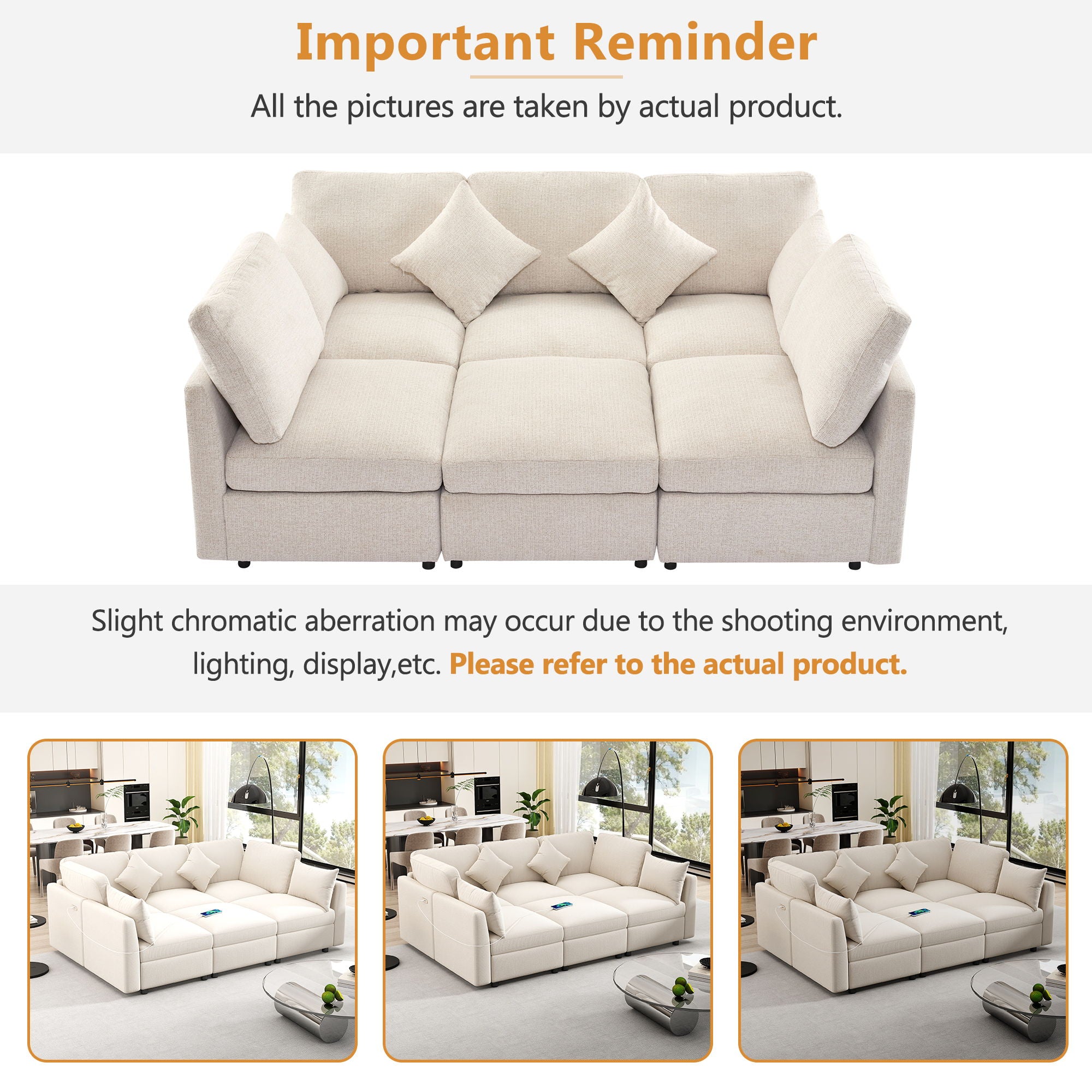 Sectional Sofa Modular Sofa U - Shaped Sofa Couch Sofa Bed L - Shaped Sofa With A Movable Ottoman And Two USB Ports For Living Room