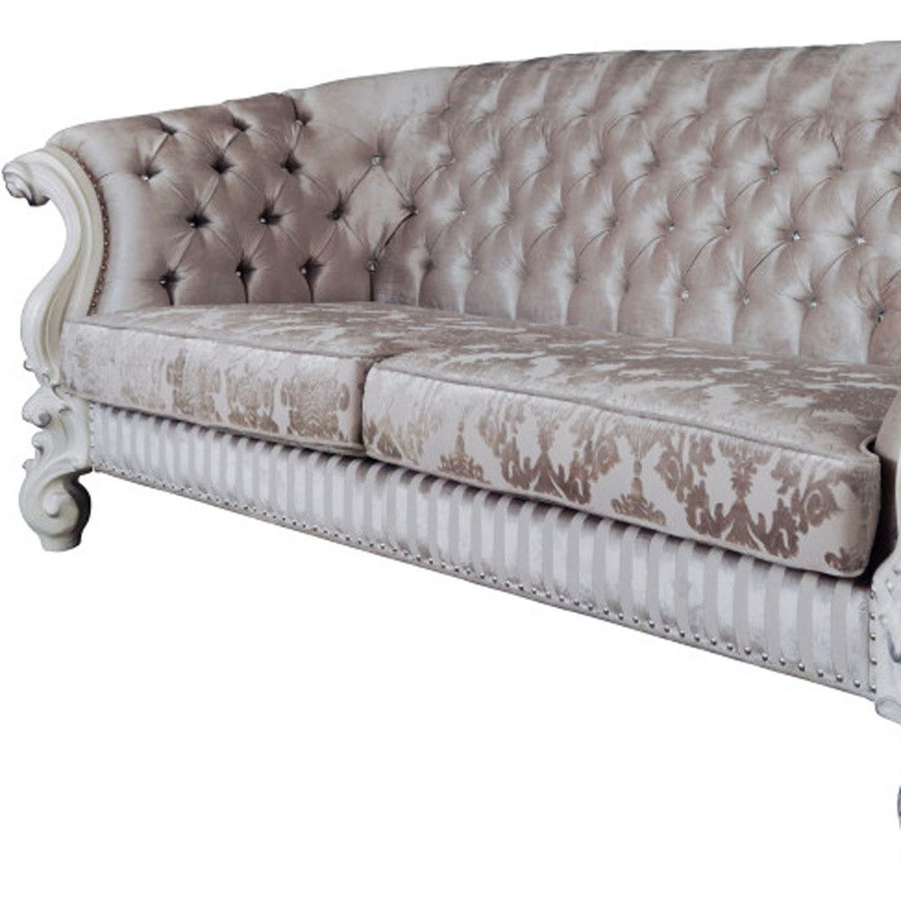 Velvet Damask Sofa And Toss Pillows With Bone Legs - Ivory