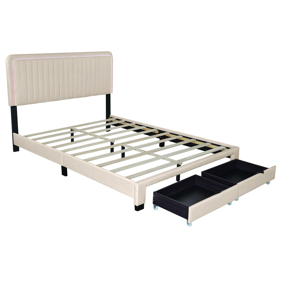 Upholstered Bed With Adjustable Height / Mattress / LED Design With Footboard Drawers Storage / No Box Spring Required