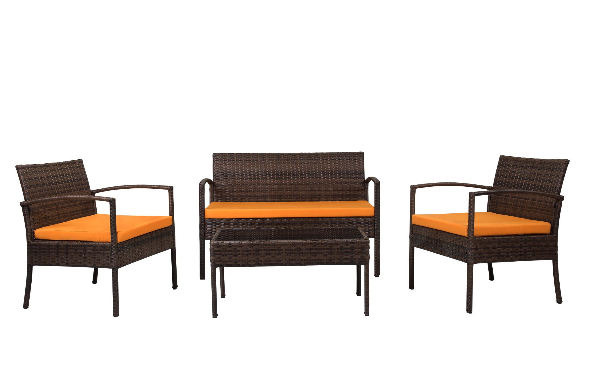 Four Piece Outdoor Wicker Sofa Seating Group With Orange Cushions - Dark Brown