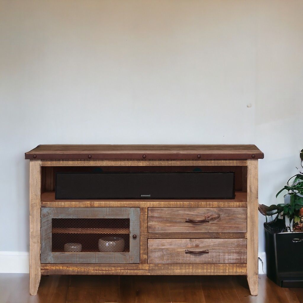 Wood Cabinet Enclosed Storage Distressed TV Stand - Brown