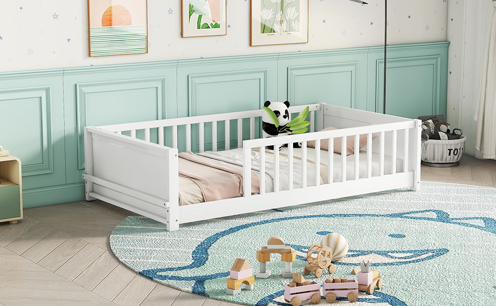 Floor Platform Bed With Built-In Book Storage Rack