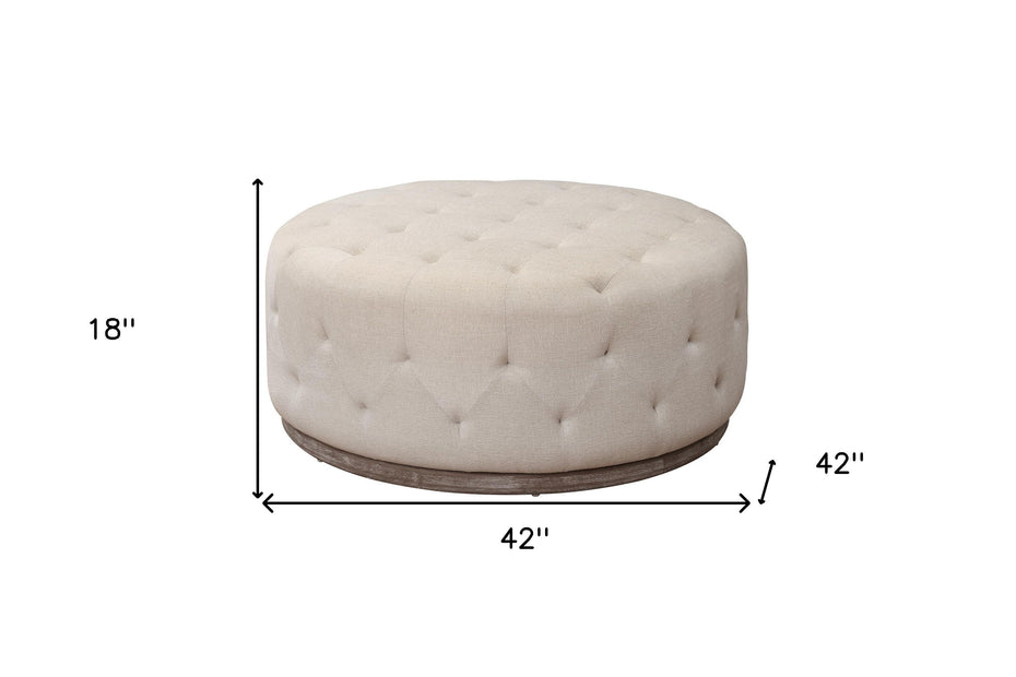 Velvet Tufted Round Ottoman - Ivory / Brown