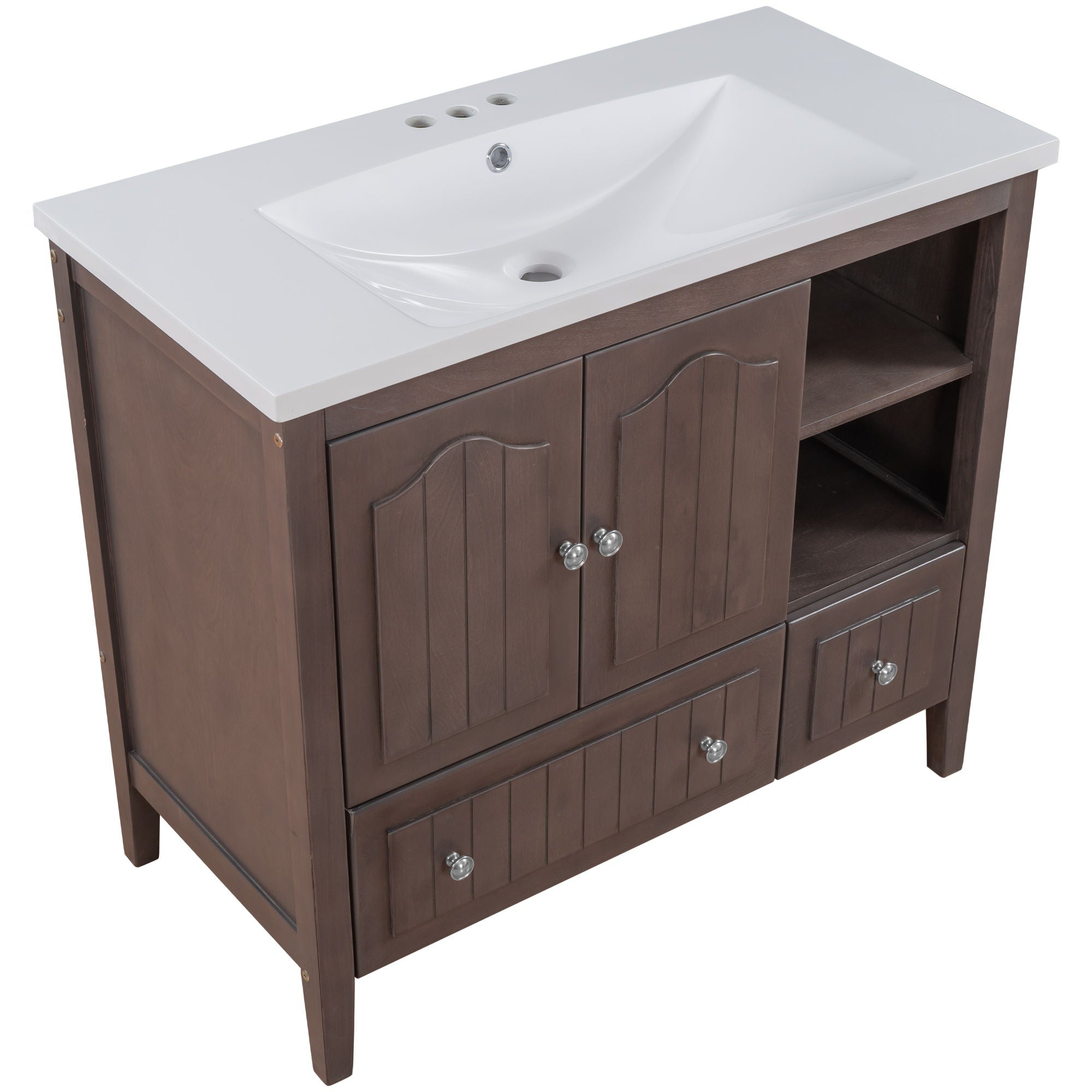 Bathroom Vanity With Ceramic Basin, Bathroom Storage Cabinet With Two Doors And Drawers, Solid Frame, Metal Handles