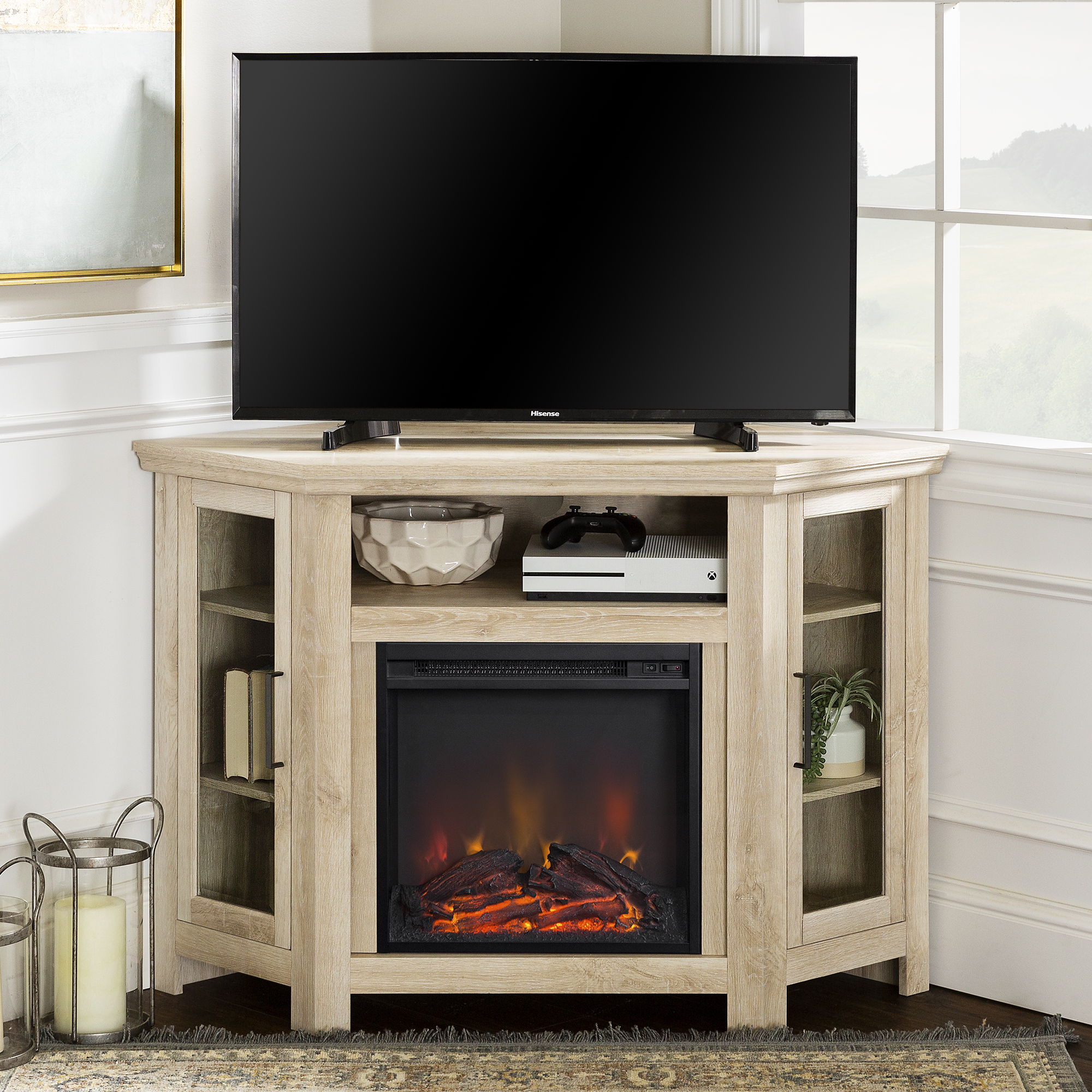 Classic Glass Door Fireplace TV Stand For TVs Up To 55" - White Oak