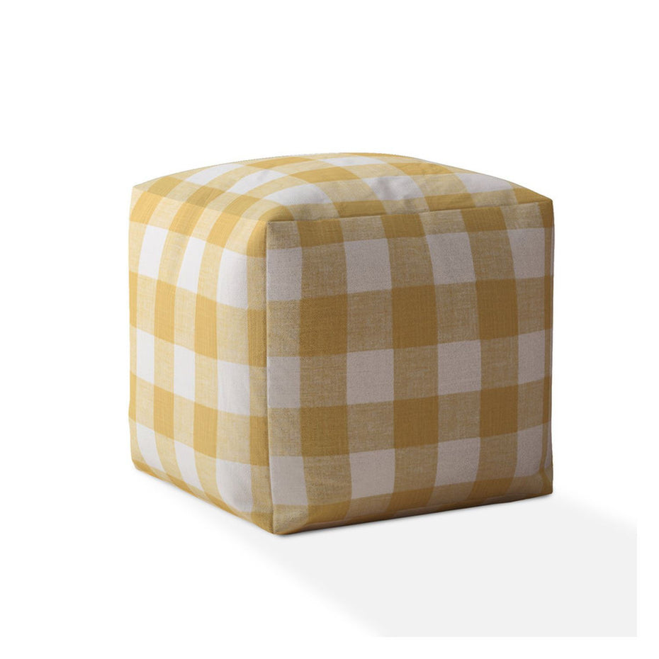 Canvas Gingham Pouf Ottoman - Yellow / White