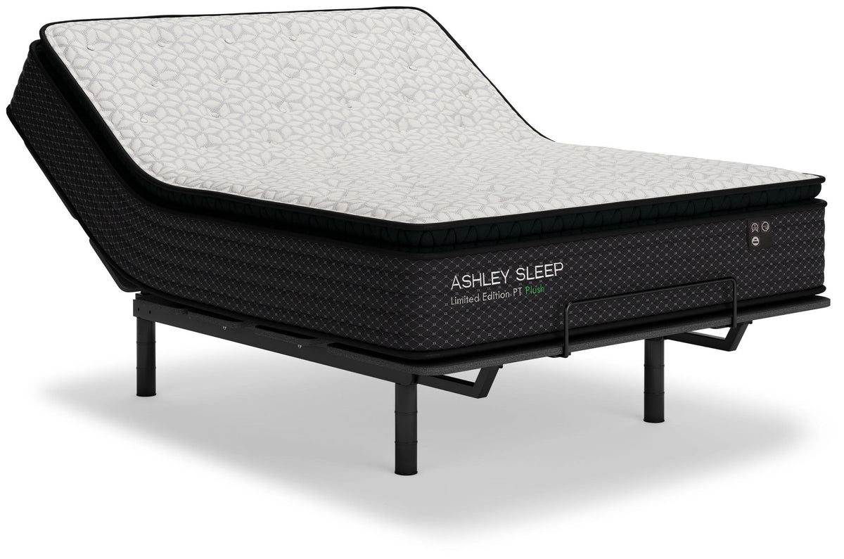 Ashley Sleep Limited Edition PT Plush pillow top mattress on black adjustable bed base, front angle view