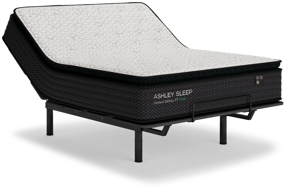 Ashley Sleep Limited Edition PT Plush pillow top mattress on black adjustable bed base, front angle view