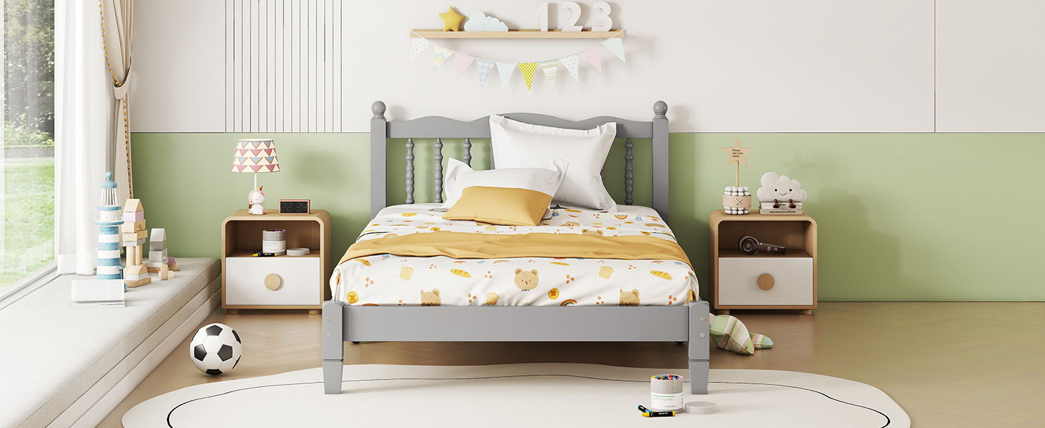 Bed With Column Decoration Headboard, With Bed Slats