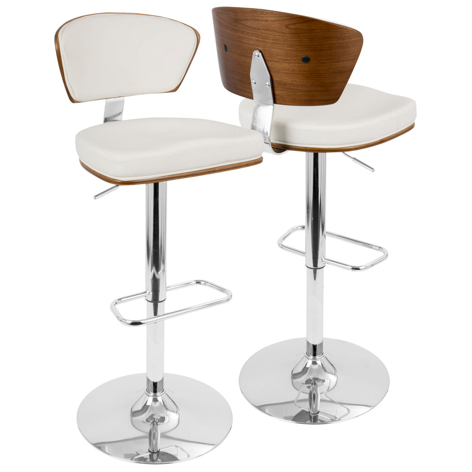 Ravinia - Mid-Century Modern Adjustable Barstool With Swivel With Rounded Rectangle Footrest (Set of 3) - Chrome / Walnut / White