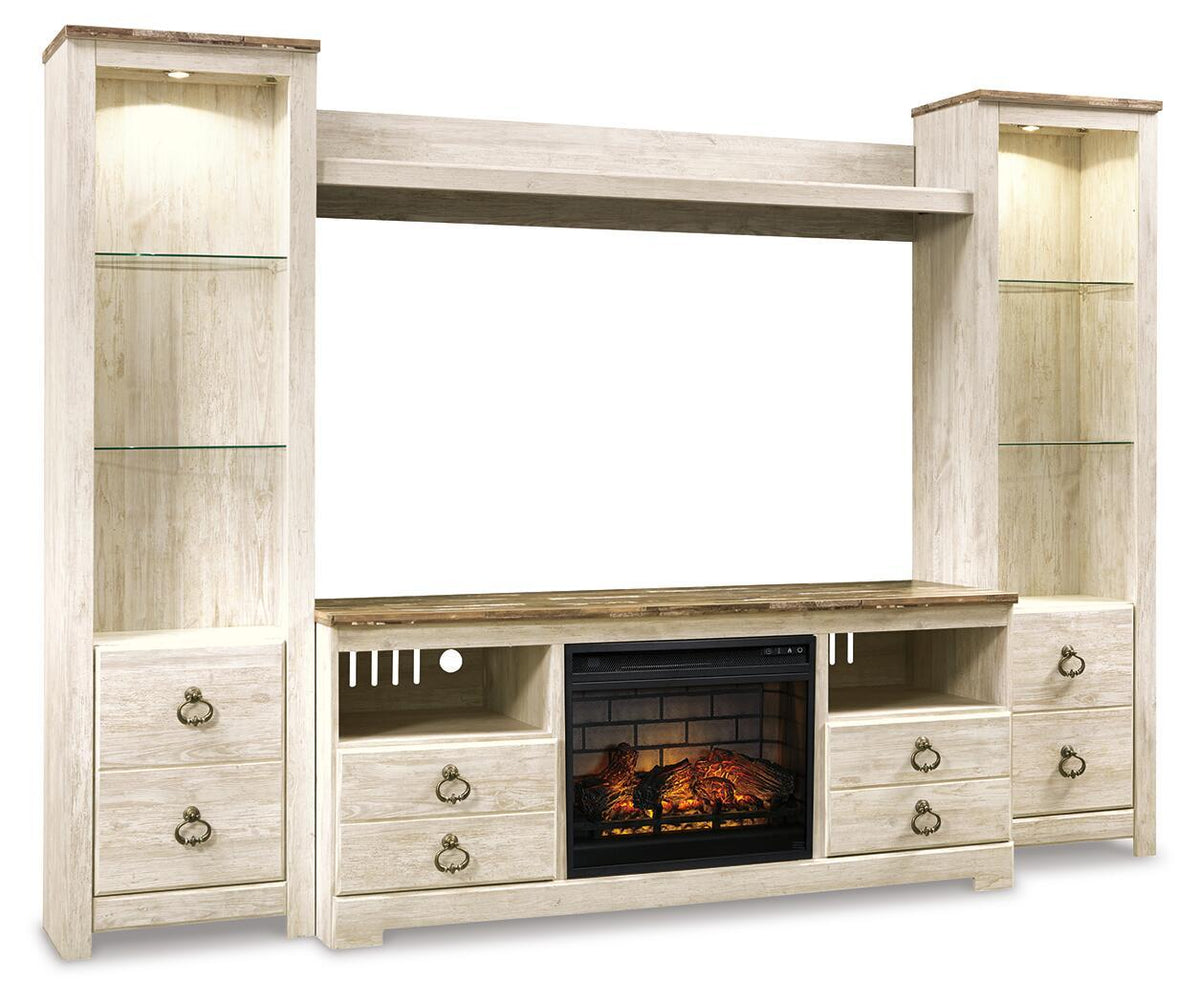 Willowton Entertainment Center TV Stand With Faux Firebrick Fireplace Insert Whitewash