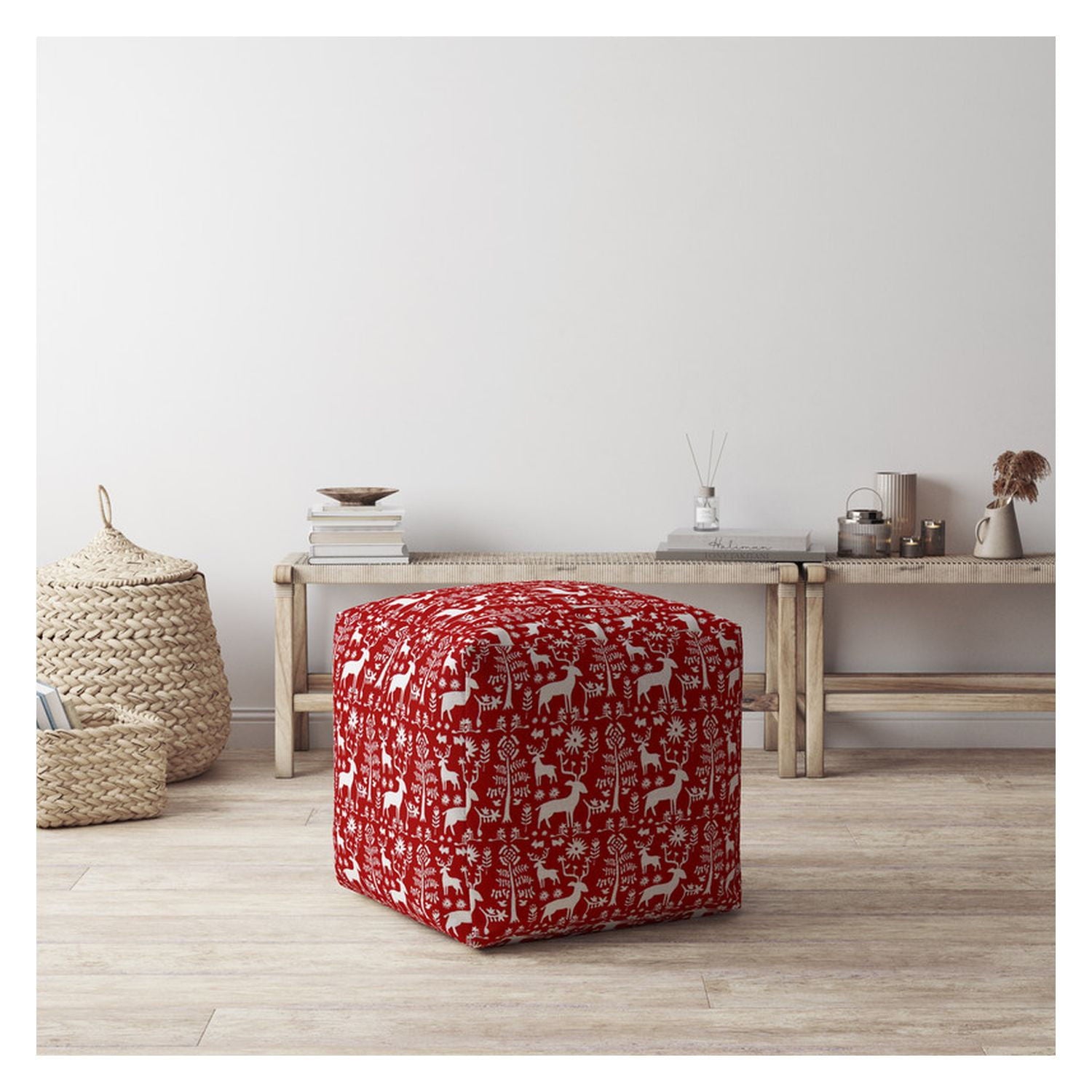 Cotton Stag Pouf Cover - Red / White