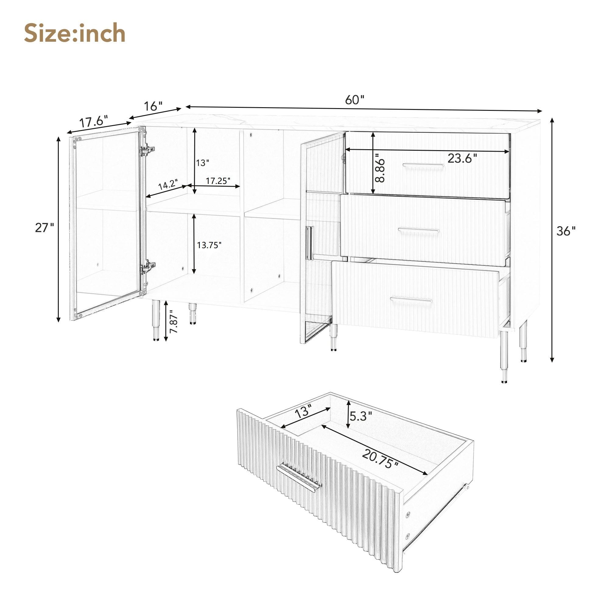 Modern Sideboard Buffet Cabinet Marble Sticker Tabletop And Amber-Yellow Tempered Glass Doors With Gold Metal Legs & Handles