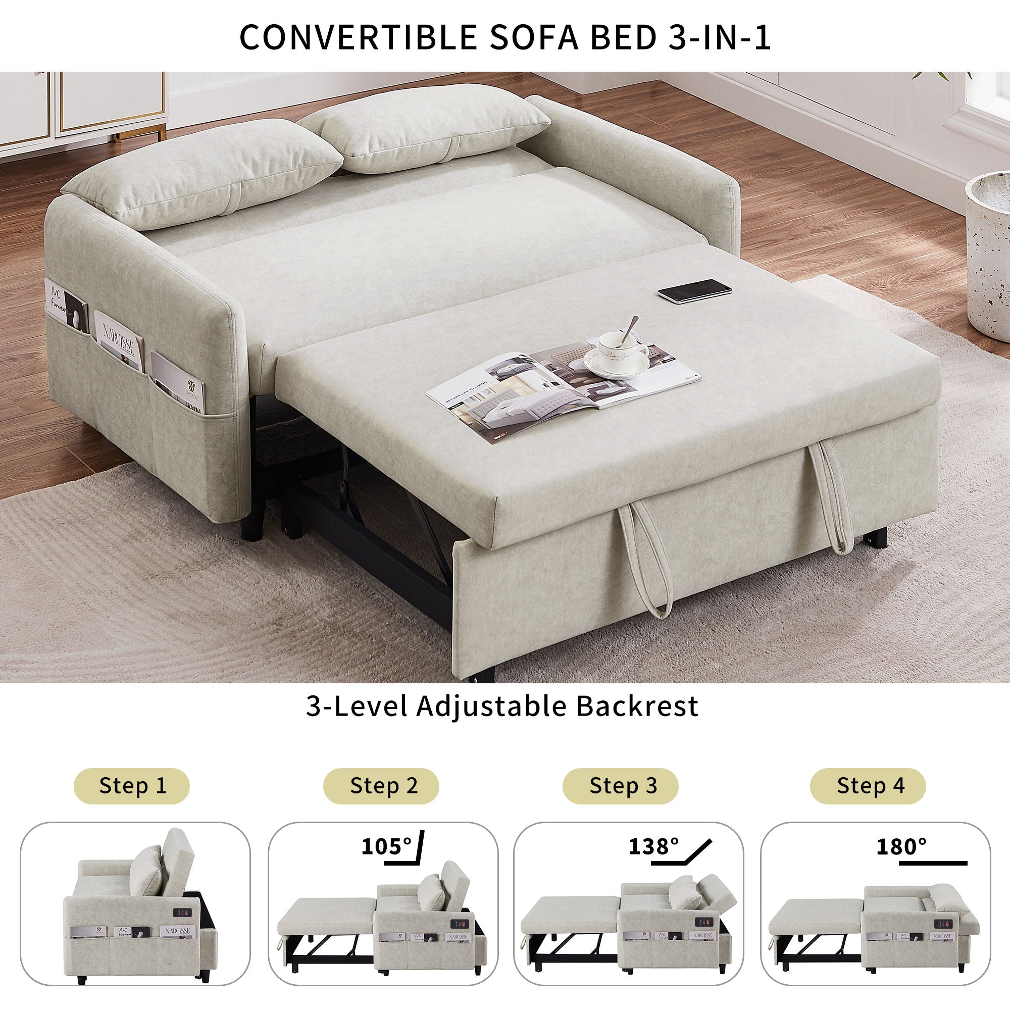 Pull Out Sleep Sofa Bed Loveseats Sofa Couch With Adjsutable Backrest, Storage Pockets, 2 Soft Pillows, USB Ports For Living Room