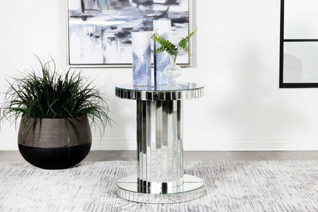 Dorielle - Round Mirrored Acrylic Crystal Side Table - Silver by CoasterElevations | Bel Furniture