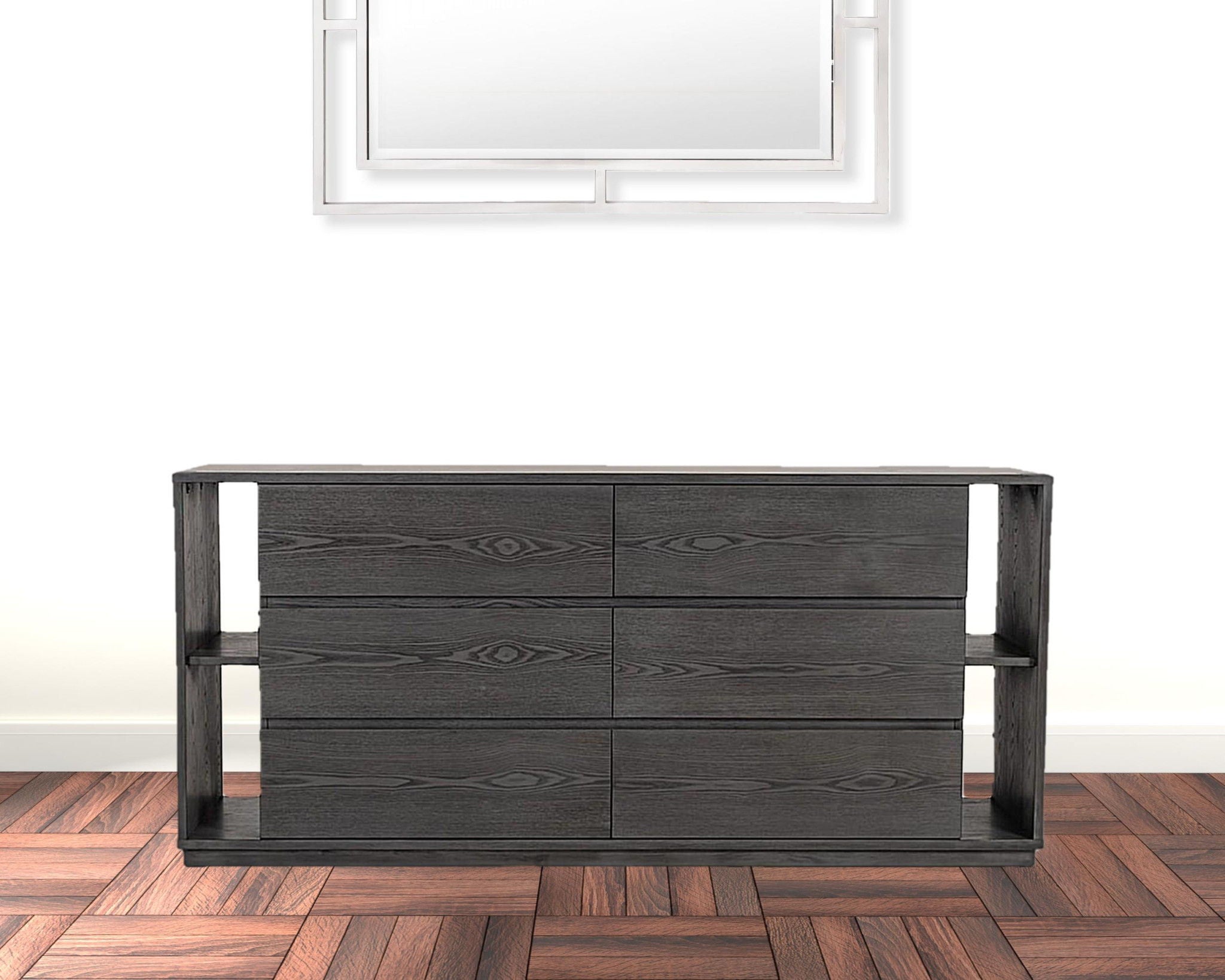 Wooden 6 Drawer Double Dresser - Gray