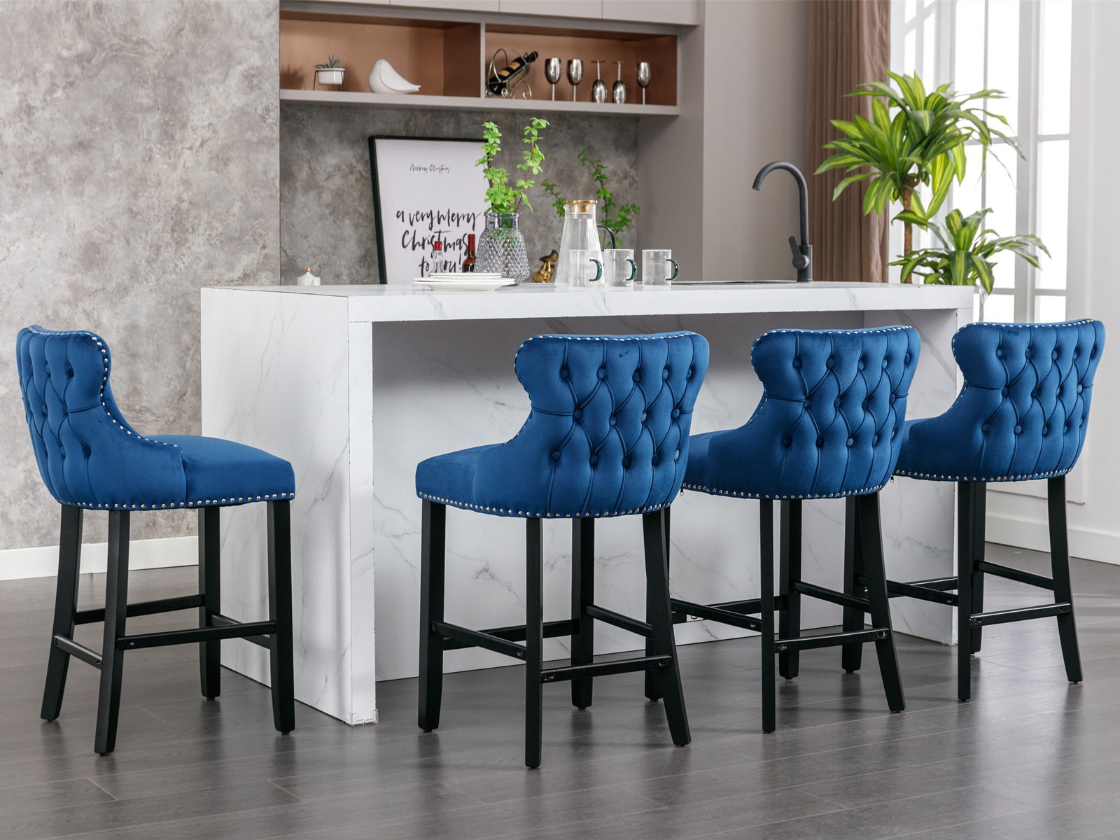 Contemporary Velvet Upholstered Wing-Back Barstools With Button Tufted Decoration And Wooden Legs, And Chrome Nailhead Trim, Leisure Style Bar Chairs, Bar Stools (Set of 4)