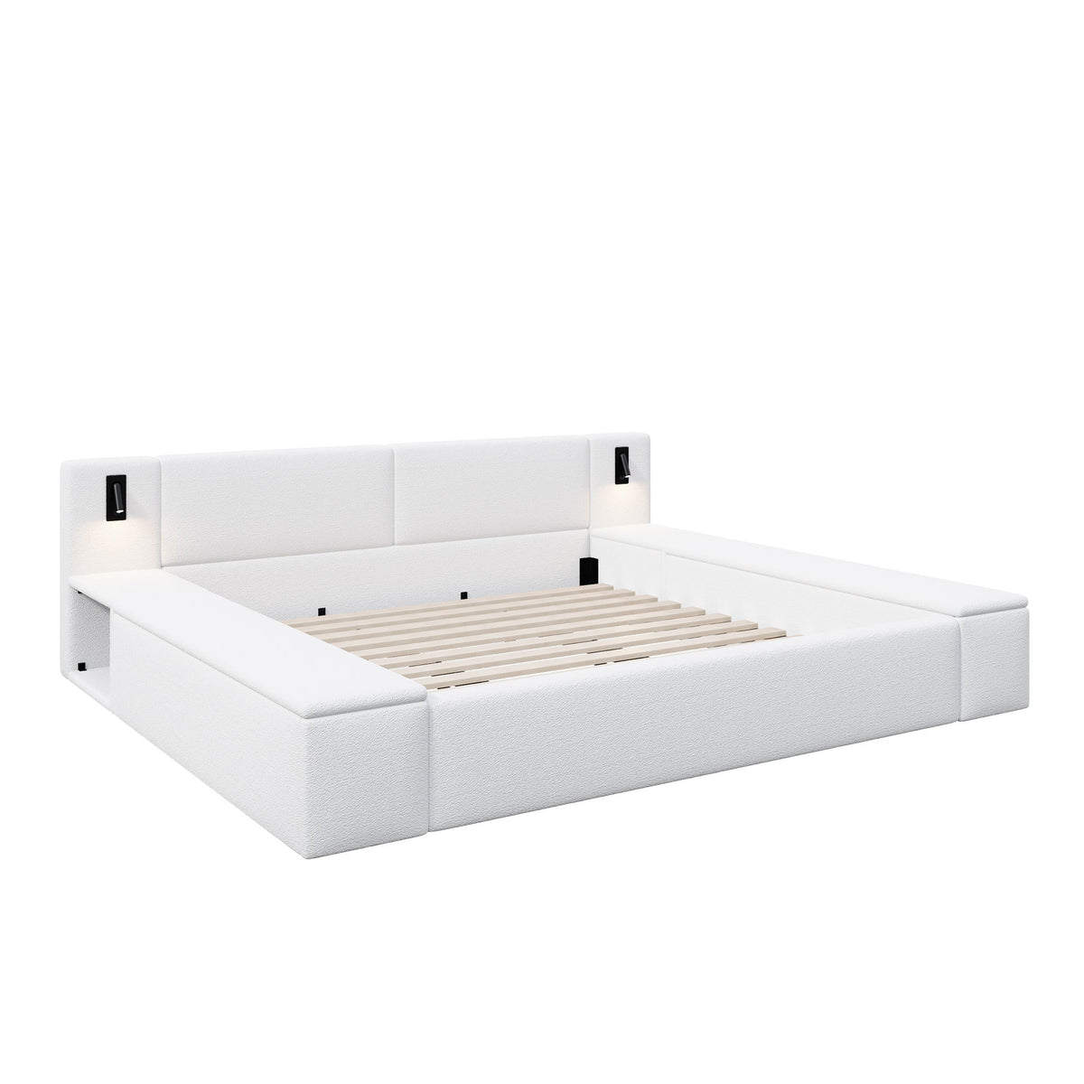 Upholstered Platform Bed Frame With Hidden Storage, Built-In Nightstands and LED Reading Lights
