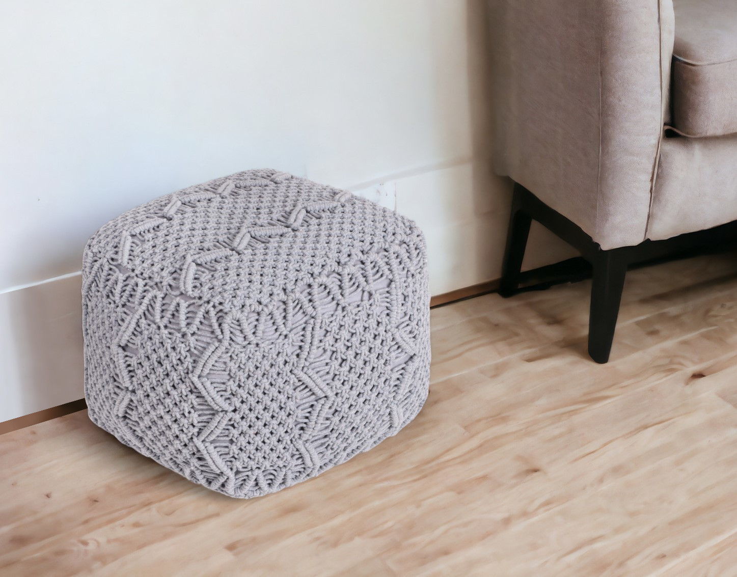 Cotton Blend Pouf Ottoman - Light Gray