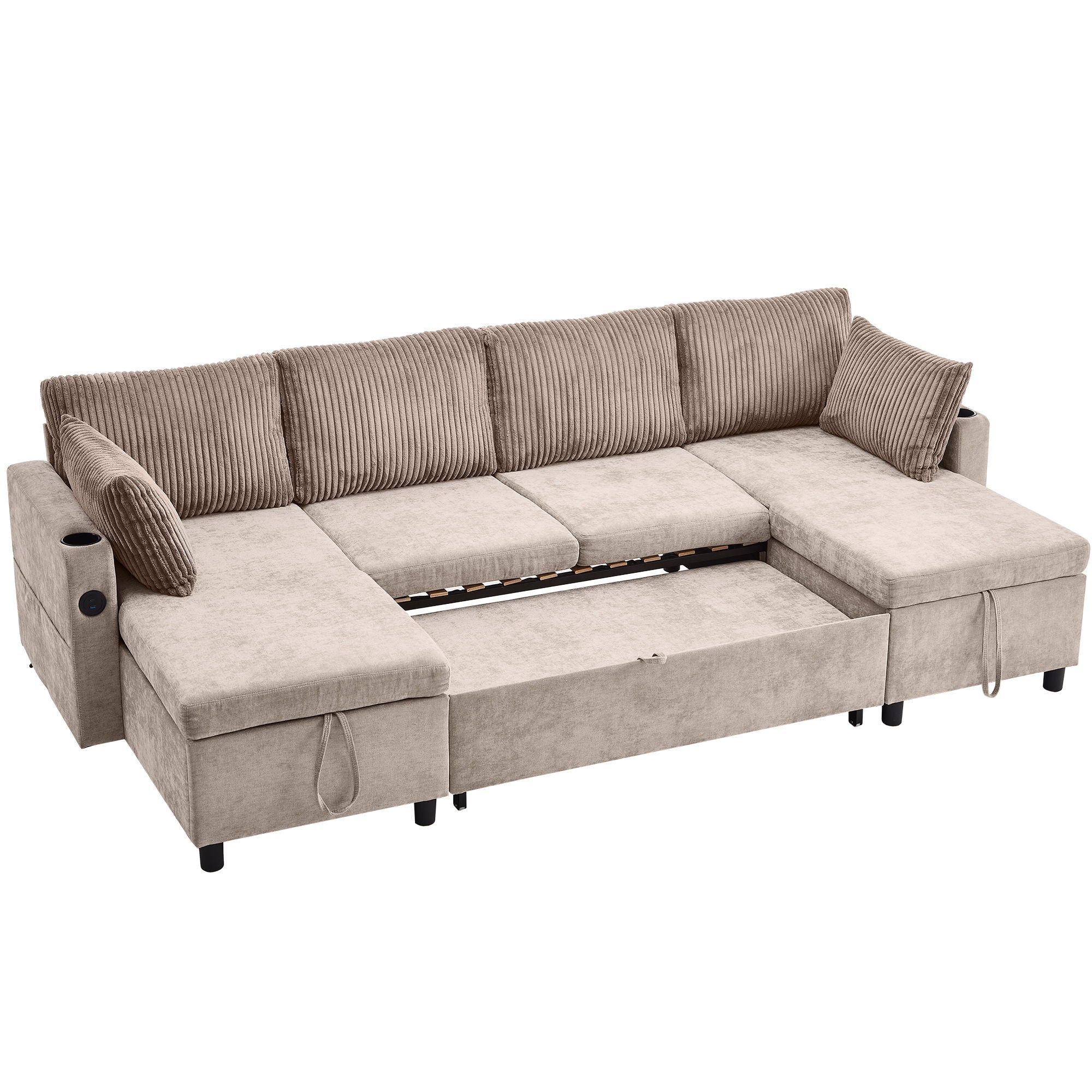 Sectional Sofa Pull Out Sofa Bed Versatile Sofa Sleeper With Large Storage Space, Two USB Ports And Two Cup Holders For Living Room