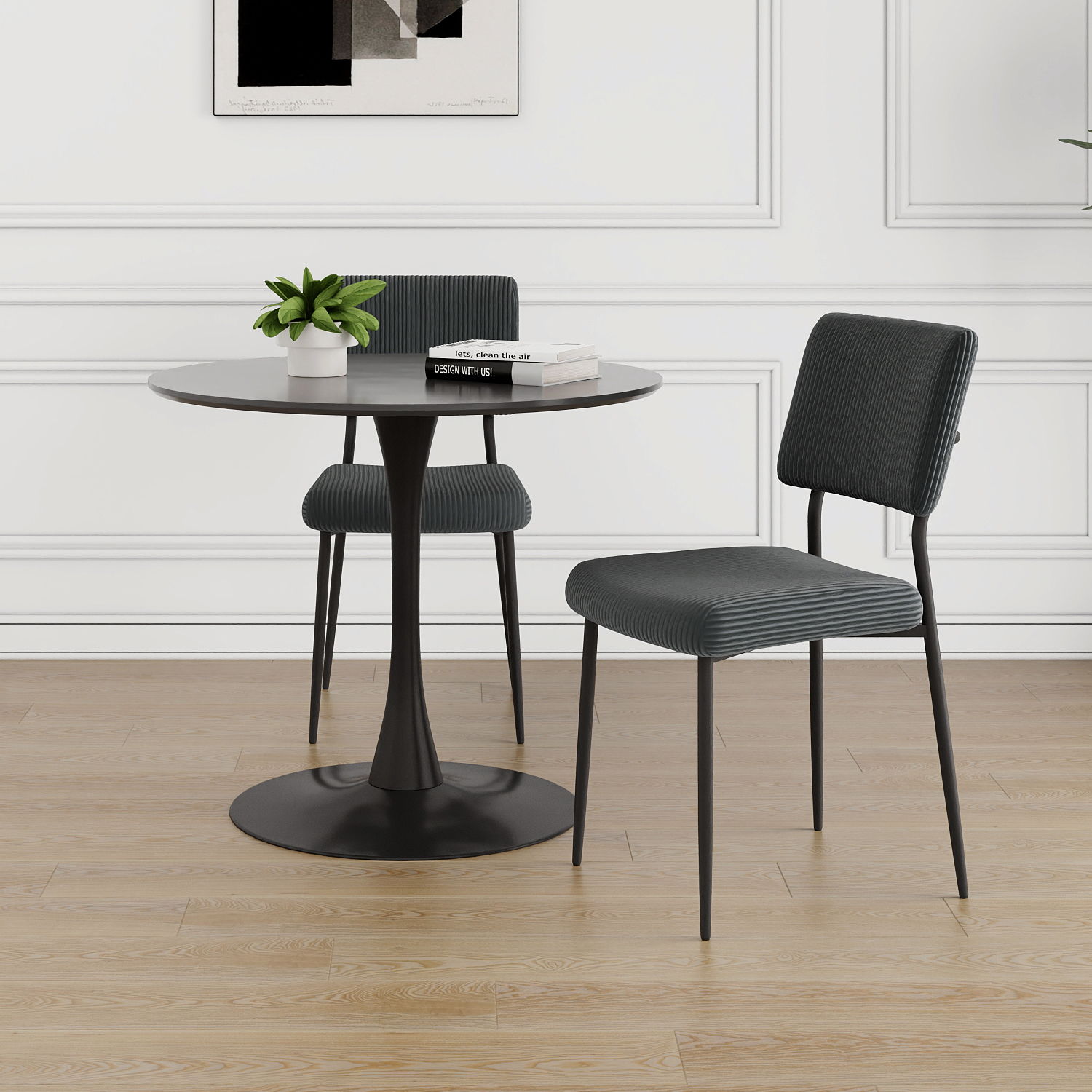 Modern Gray Simple Velvet Dining Chair Fabric Upholstered Chair Family Bedroom Stool Back Dressing, Black Round Table Set, Chair Metal Legs (Set of 3) - Black / Dark Gray