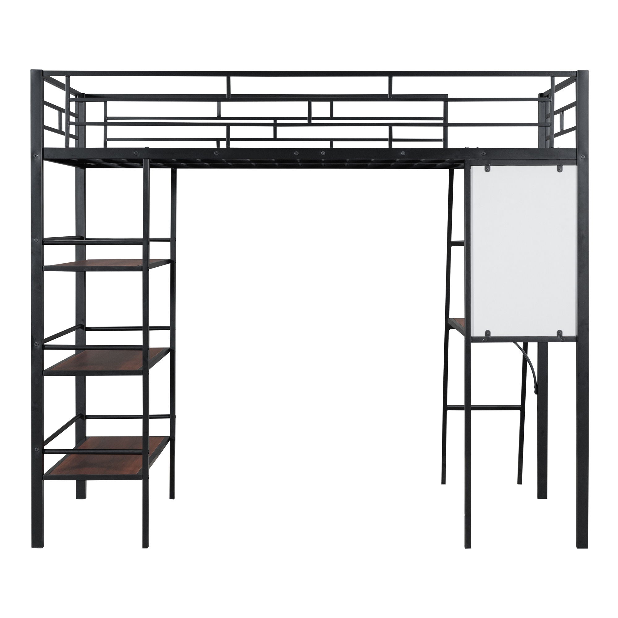 Loft Metal Bed With 3 Layers Of Shelves And Desk, Stylish Metal Frame Bed With Whiteboard