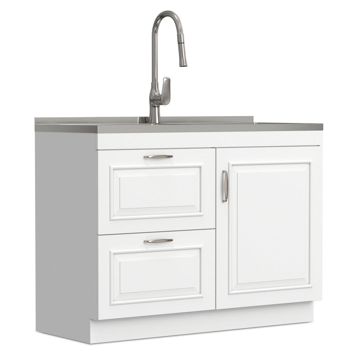Darwin - Laundry Utility Sink And Cabinet With Dual Sinks, Pull Out Faucet - White