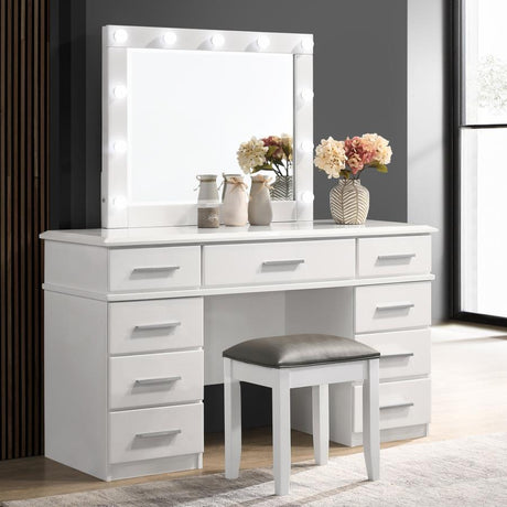 Felicity - 9-Drawer Vanity Table With Lighted Mirror - Glossy White by CoasterElevations | Bel Furniture