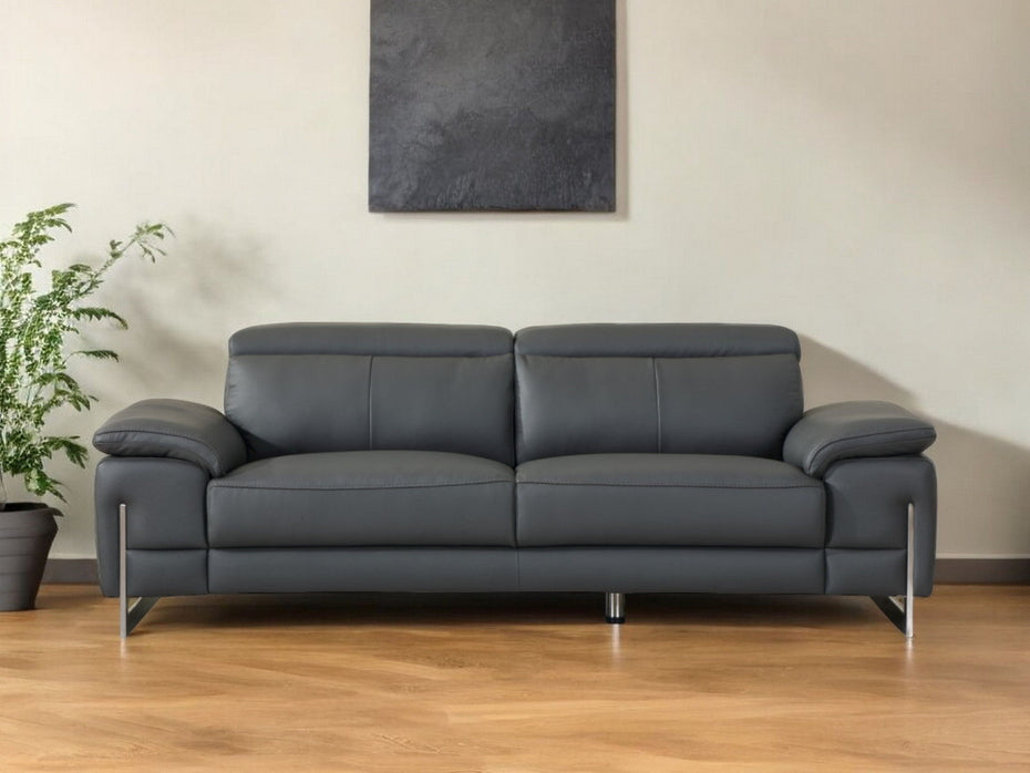 Italian Leather Sofa & Silver Legs - Dark Gray