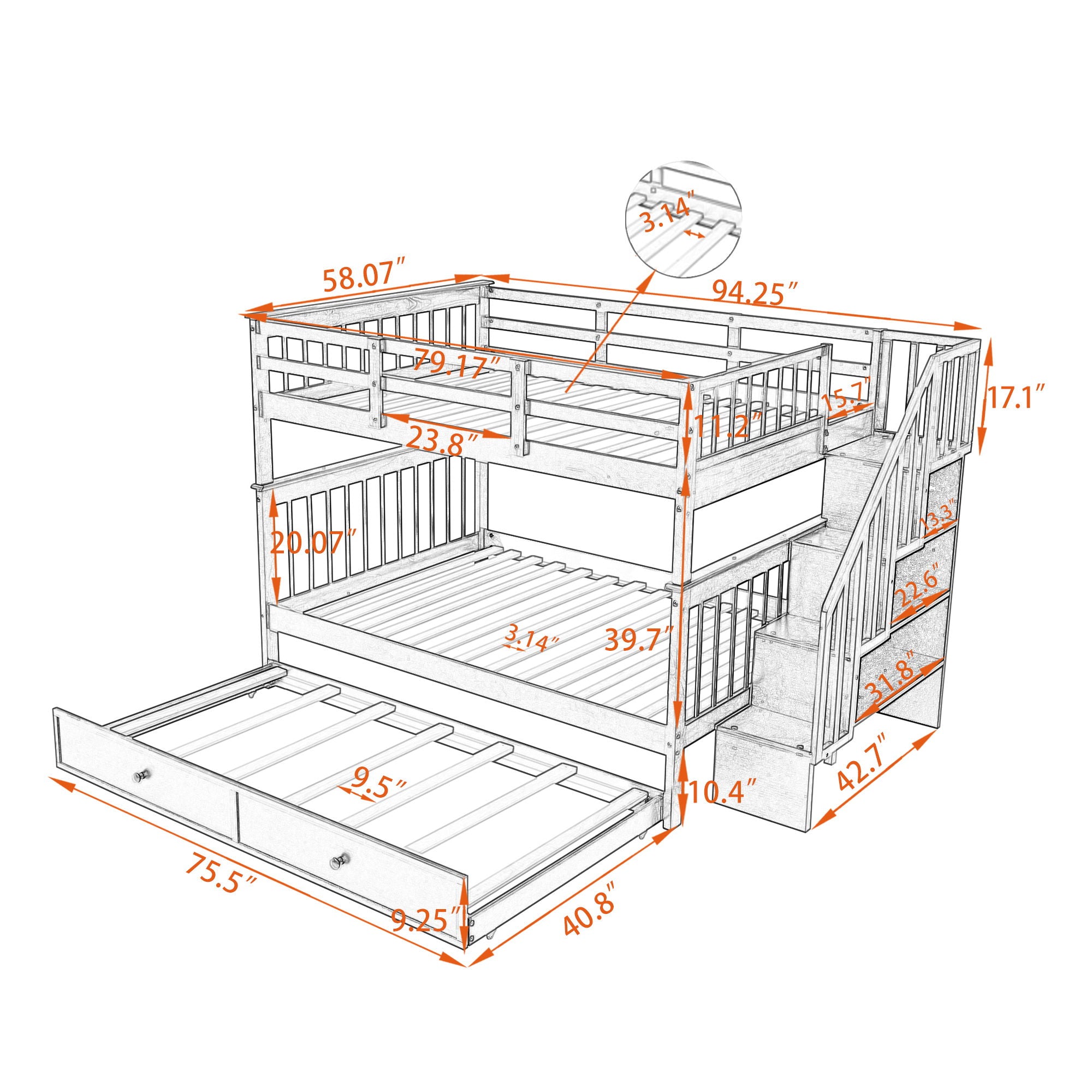 Stairway Bunk Bed With Twin Size Trundle, Storage And Guard Rail For Bedroom, Dorm