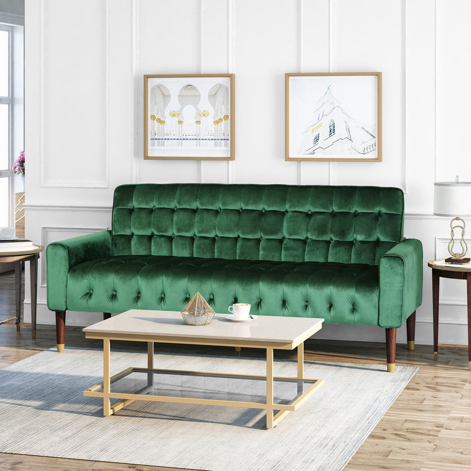 Square Arms Velvet Straight Sofa, Living Room And Study - Emerald